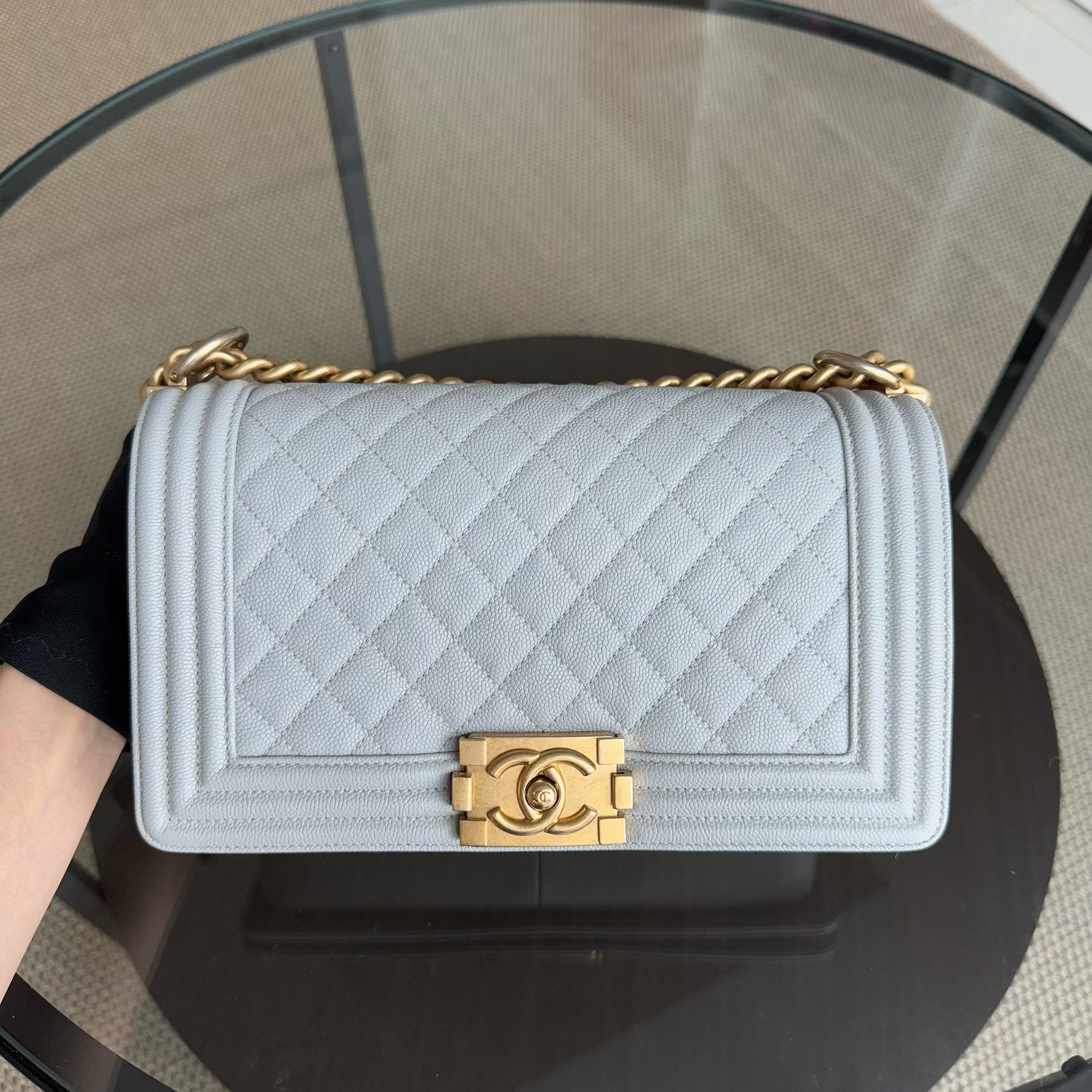 Chanel Boy Medium - Caviar 25CM Quilted Light Grey Gray Gold Hardware Series 25