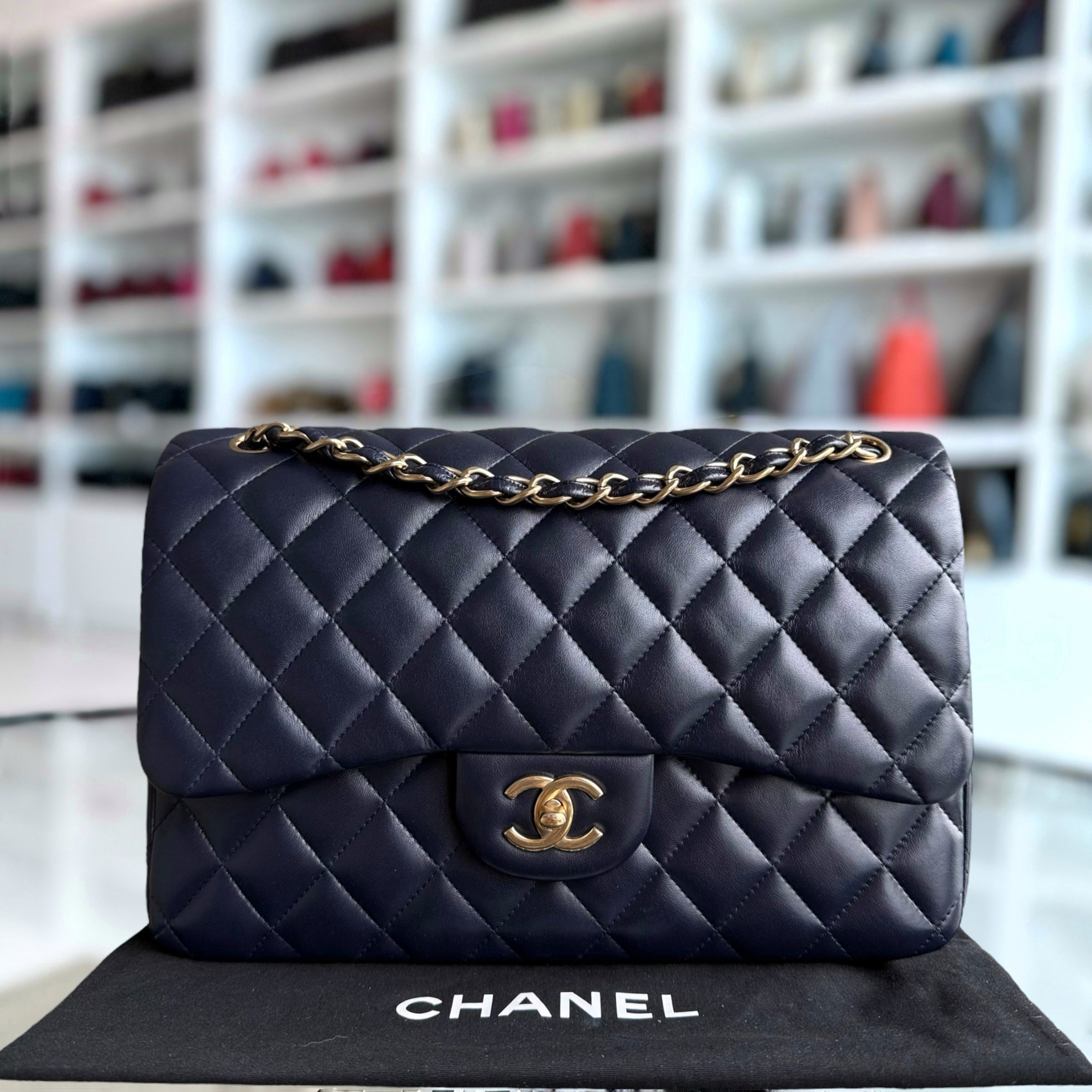 Chanel Classic Flap Jumbo - Double Flap 30CM Quilted Lambskin Dark Midnight Blue Gold Hardware Series 20