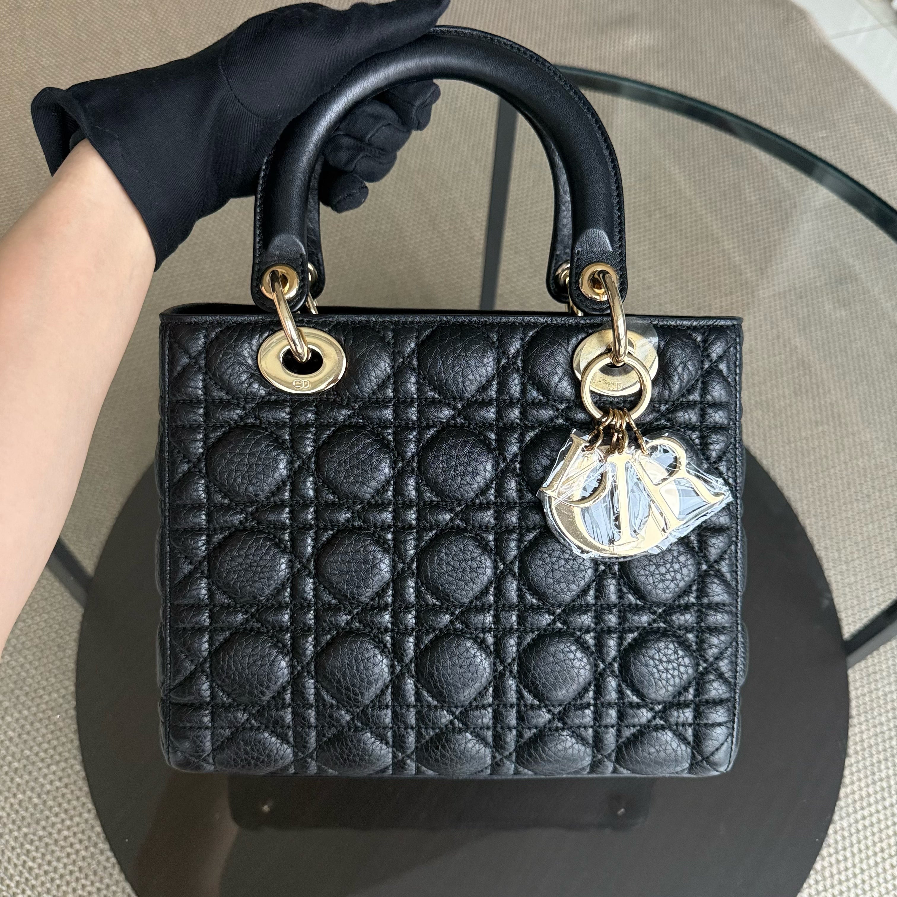 *No Strap* Dior Lady Flap Medium - Grained Calfskin Cannage Flap Open Black Gold Hardware