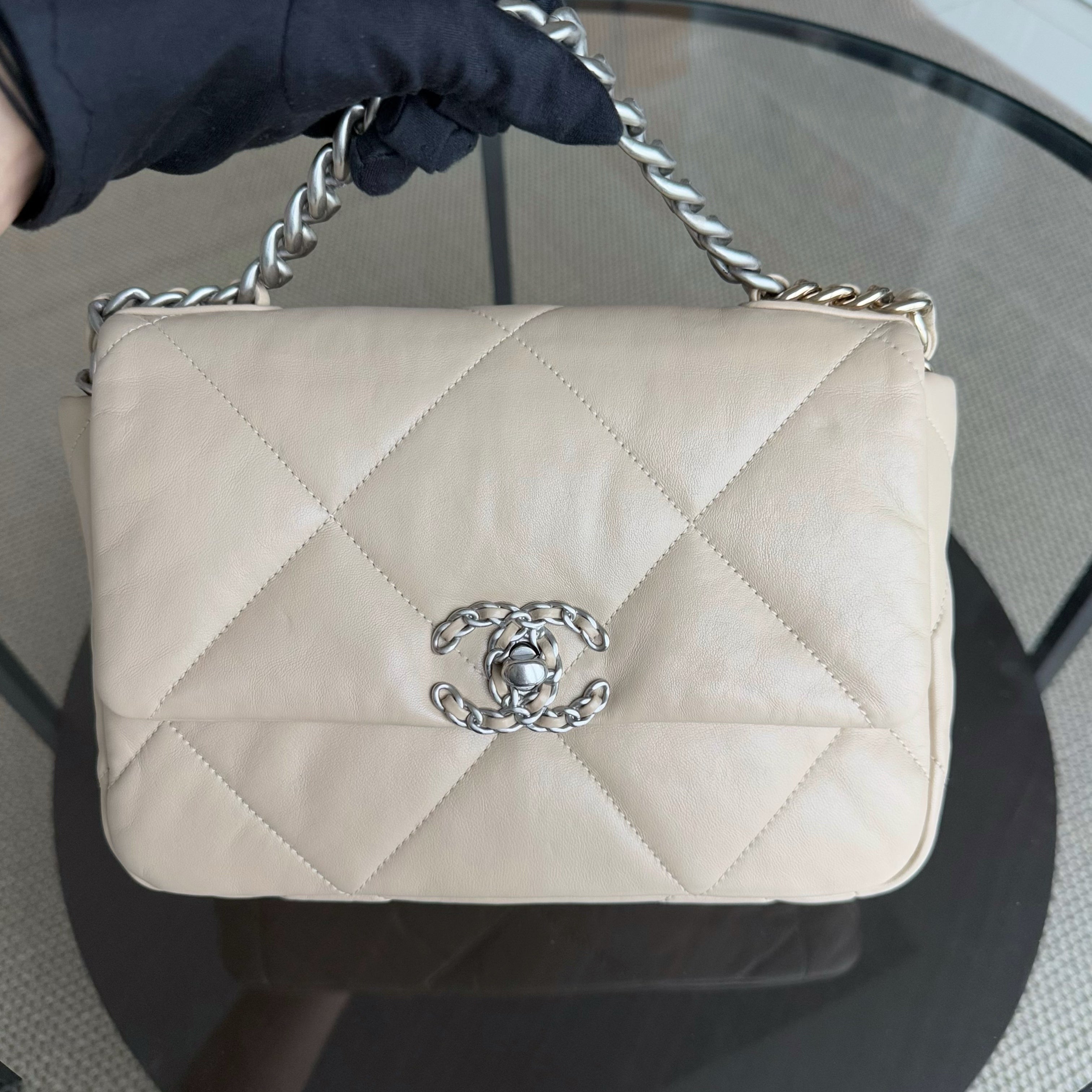 Chanel 19 Bag Small - C19 Goatskin Light Beige Two-tone Hardware Microchip