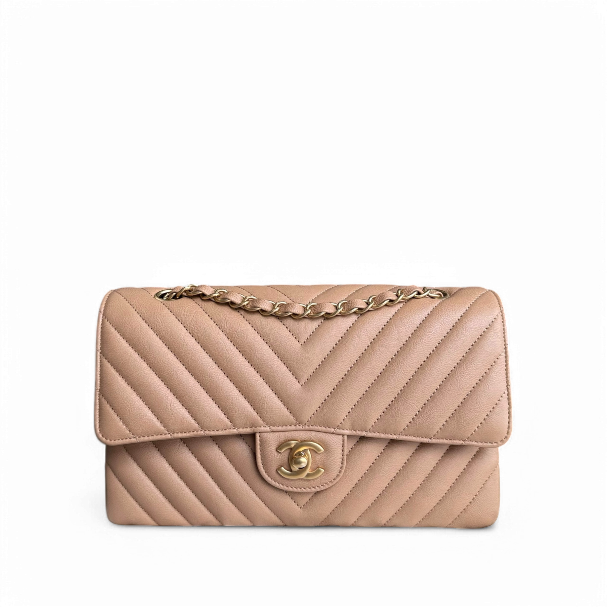 Chanel Classic Flap Medium - 25CM Chevron Grained Calfskin Dark Beige Gold Hardware Series 23