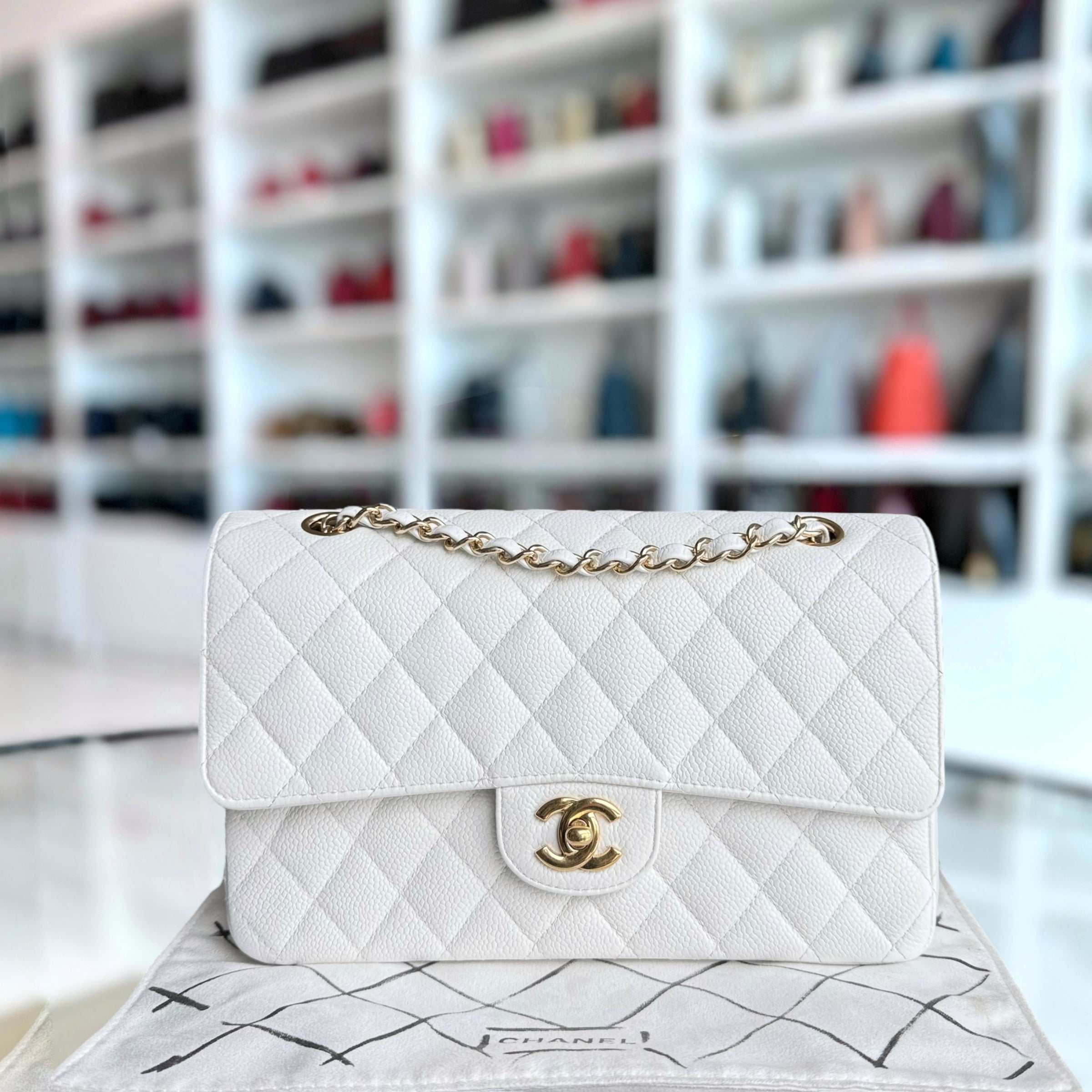 Chanel Classic Flap Medium - Caviar 25CM Quilted Snow White Gold Hardware Series 14