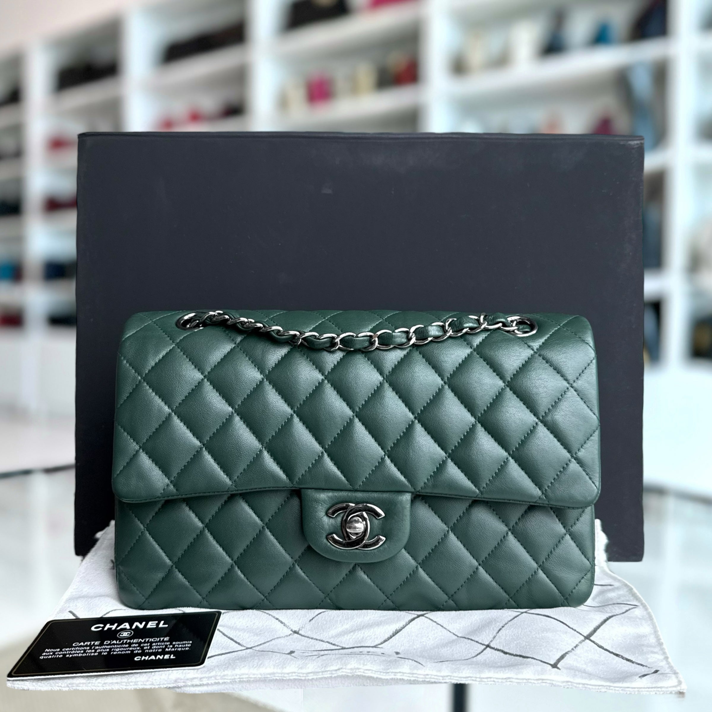 Chanel Classic Flap Medium - 25CM Quilted Lambskin Dark Green Silver Hardware Series 23