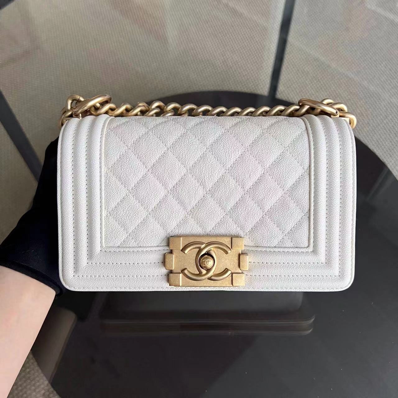 *Full Set, Receipt* Caviar Le Boy Small Quilted Cream White Golden Hardware Series 27