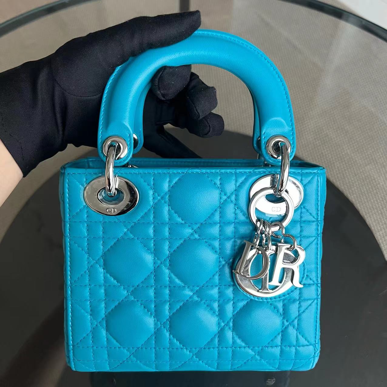 Dior Lady Mini Cannage Lambskin Cyan Blue Silver Hardware