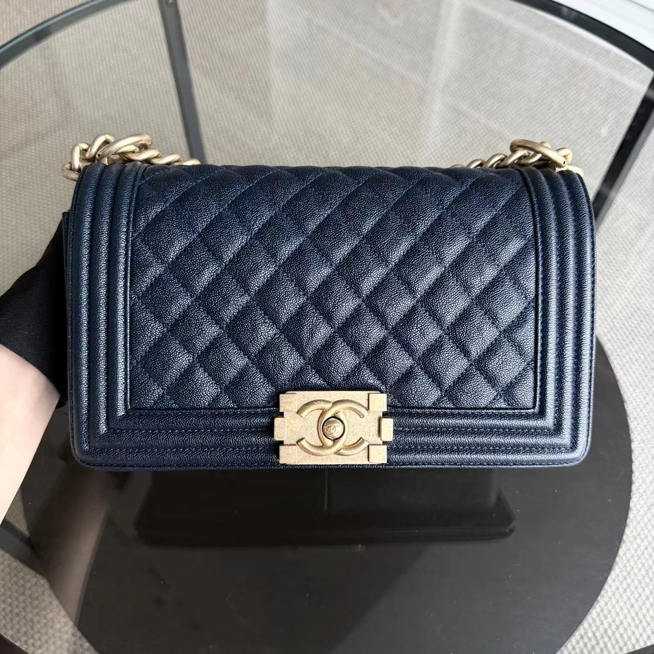 Chanel Boy Medium - 25CM Caviar Quilted Dark Navy Blue Gold Hardware