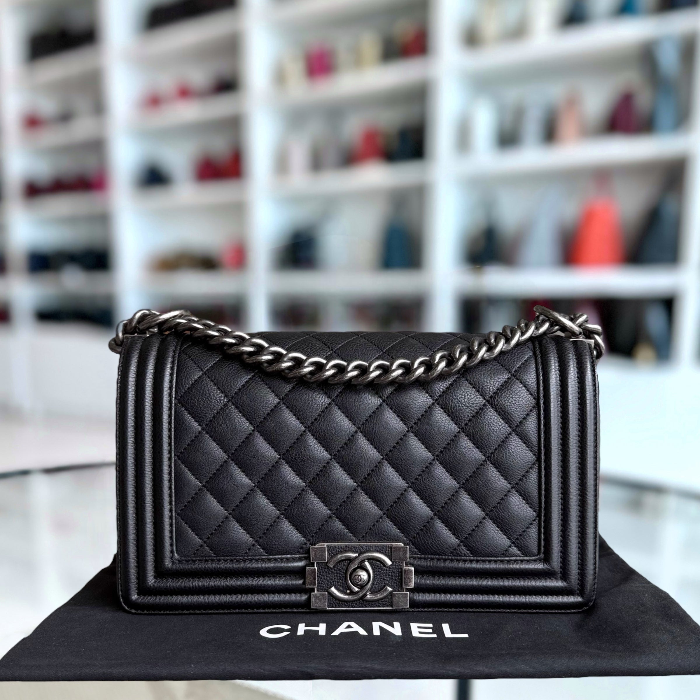 Chanel Boy Medium - Grained Calfskin 25CM Quilted Black Ruthenium Silver Hardware Series 23