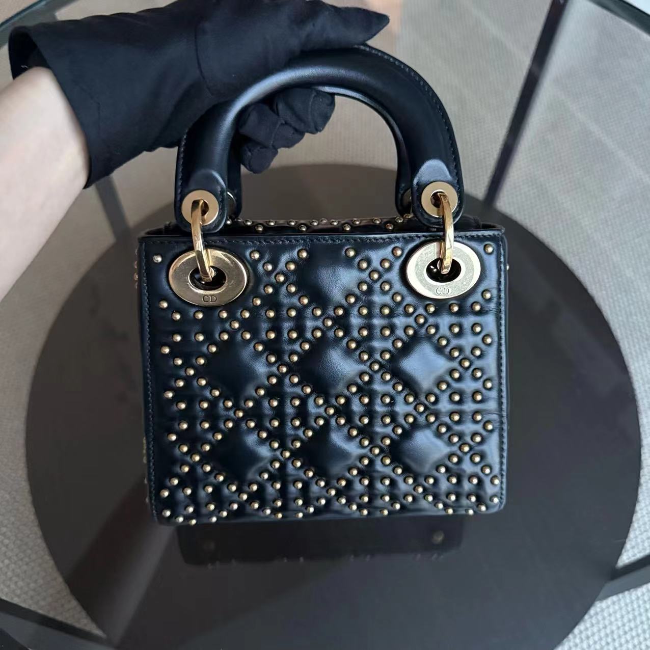 Dior Lady Mini Quilted Studded Lambskin Black Golden Hardware