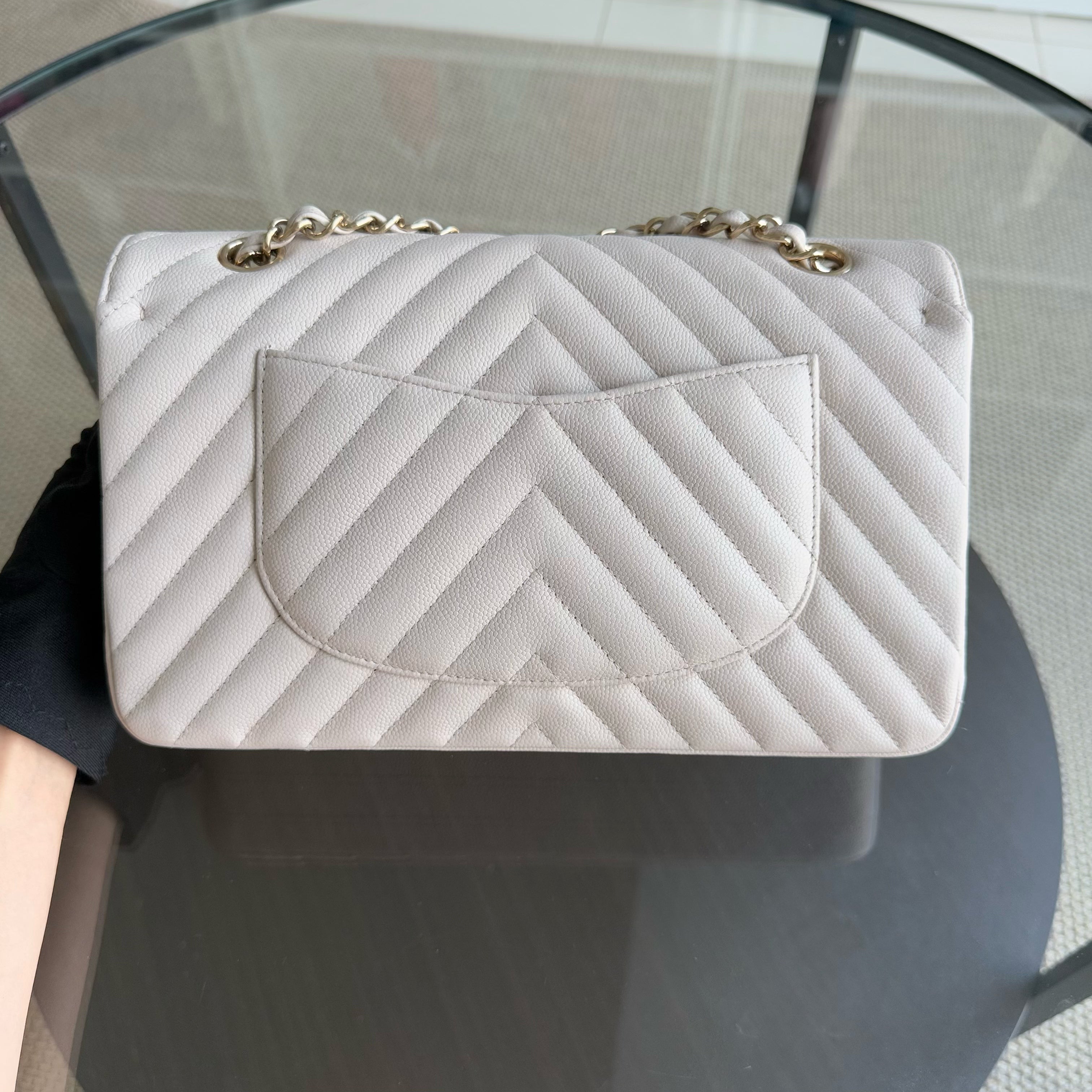 Chanel Classic Flap Medium - Caviar Chevron Cream White Gold Hardware Series 26