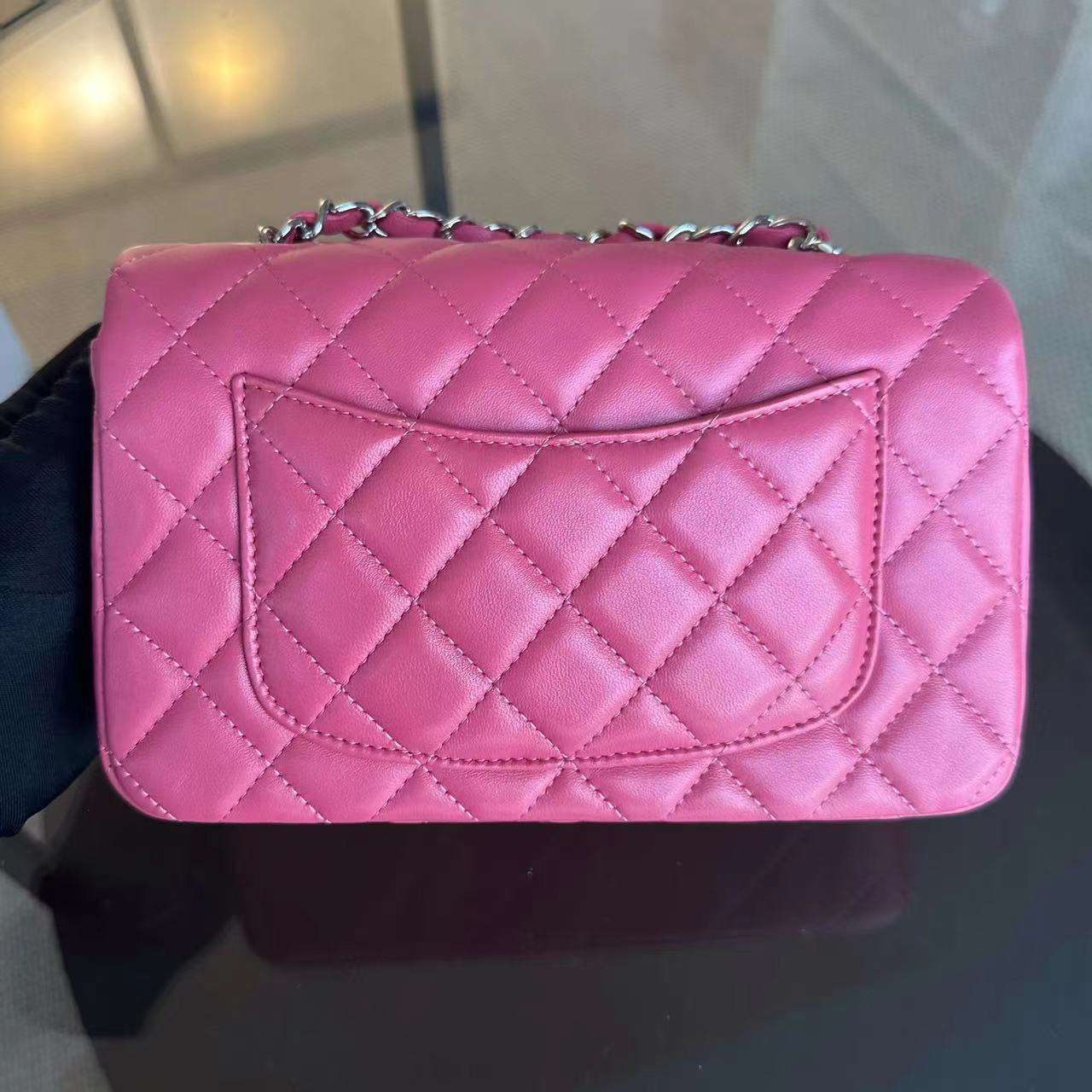 Chanel Mini Rectangle Pink Quilted Lambskin Classic Flap Bag with Silver Hardware Series 28