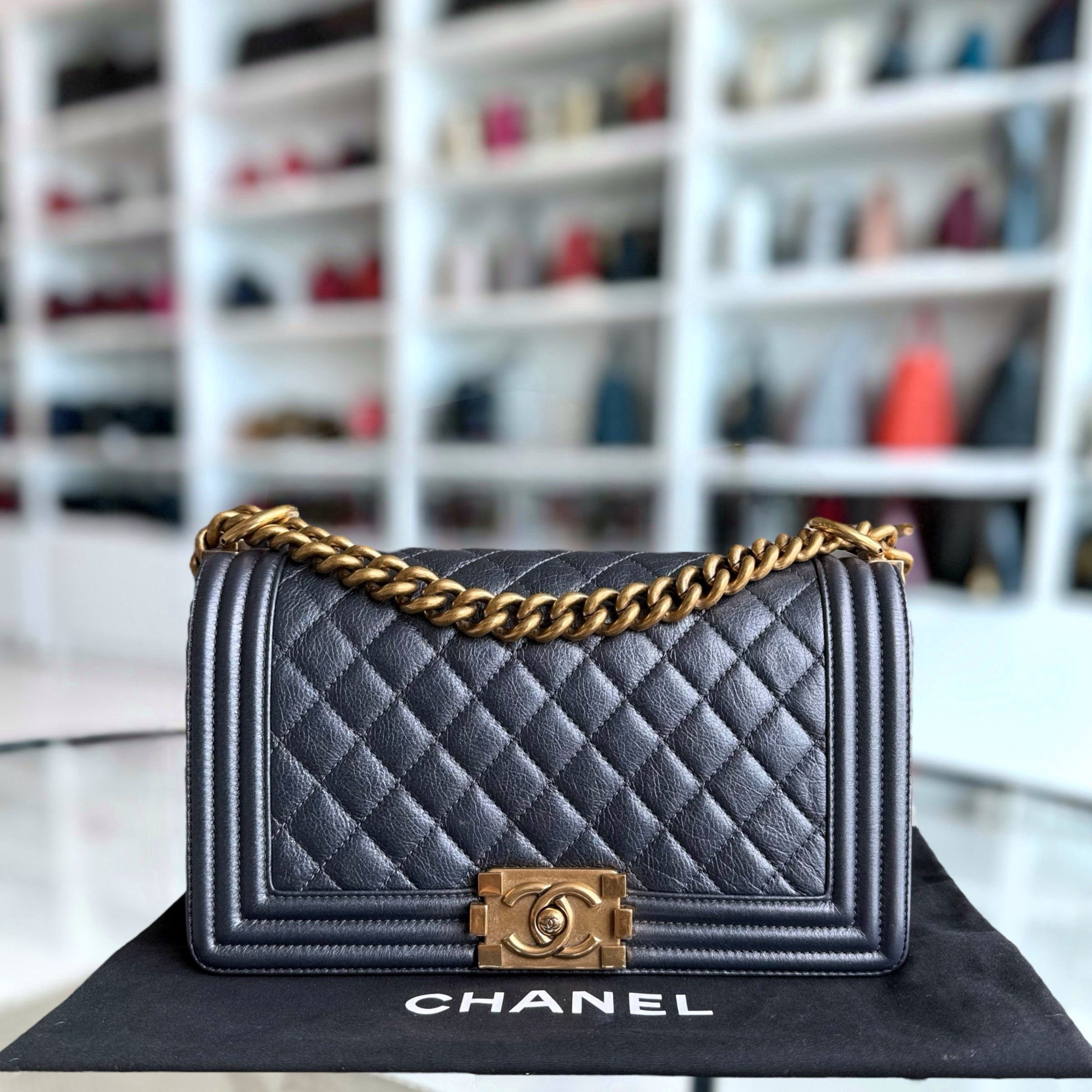 Chanel Boy Medium - Calfskin 25CM Quilted Iridescent Charcoal Black Aged Gold Hardware Series 20