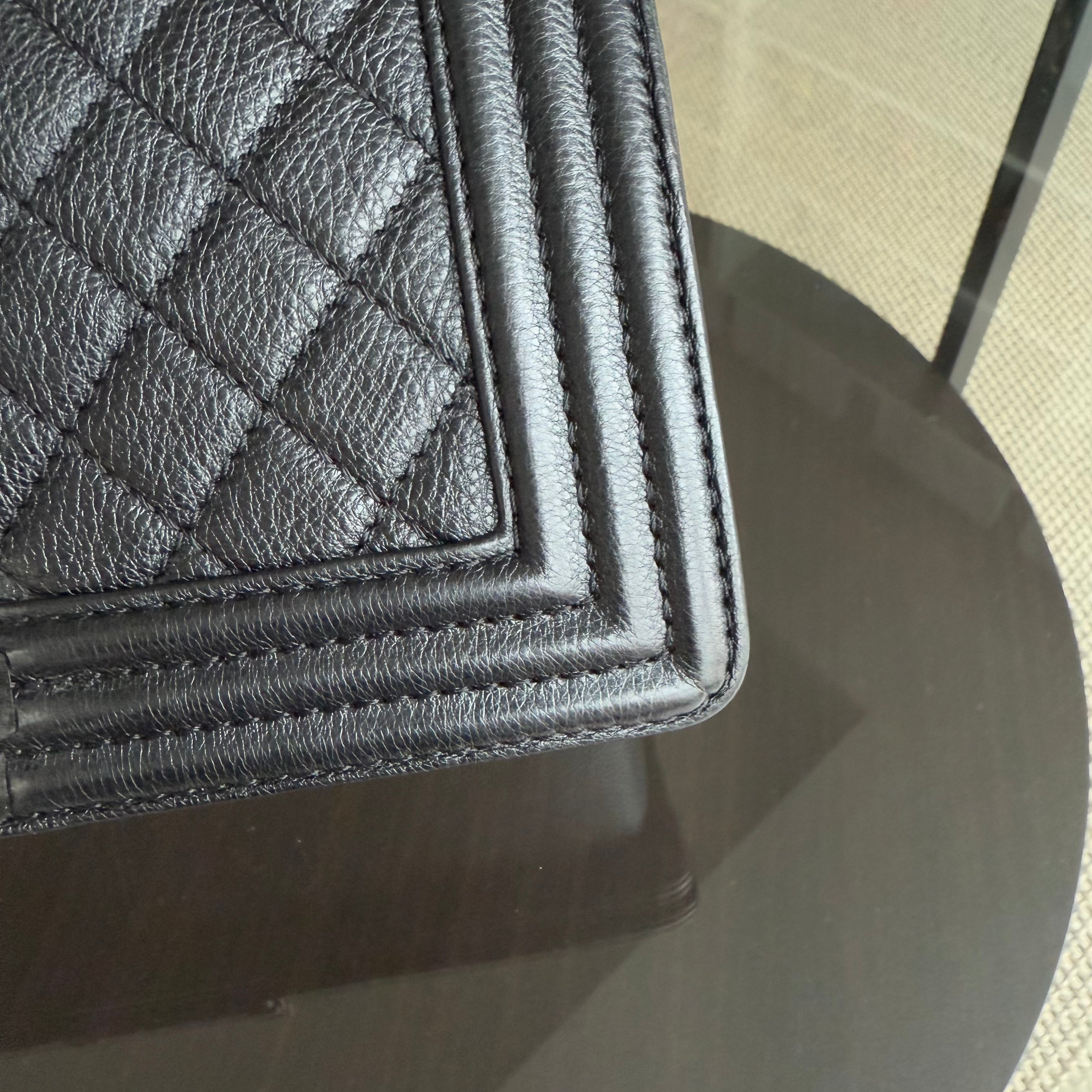 Chanel Boy Medium - 25CM Quilted Grained Calfskin Black Ruthenium Silver Hardware Series 18