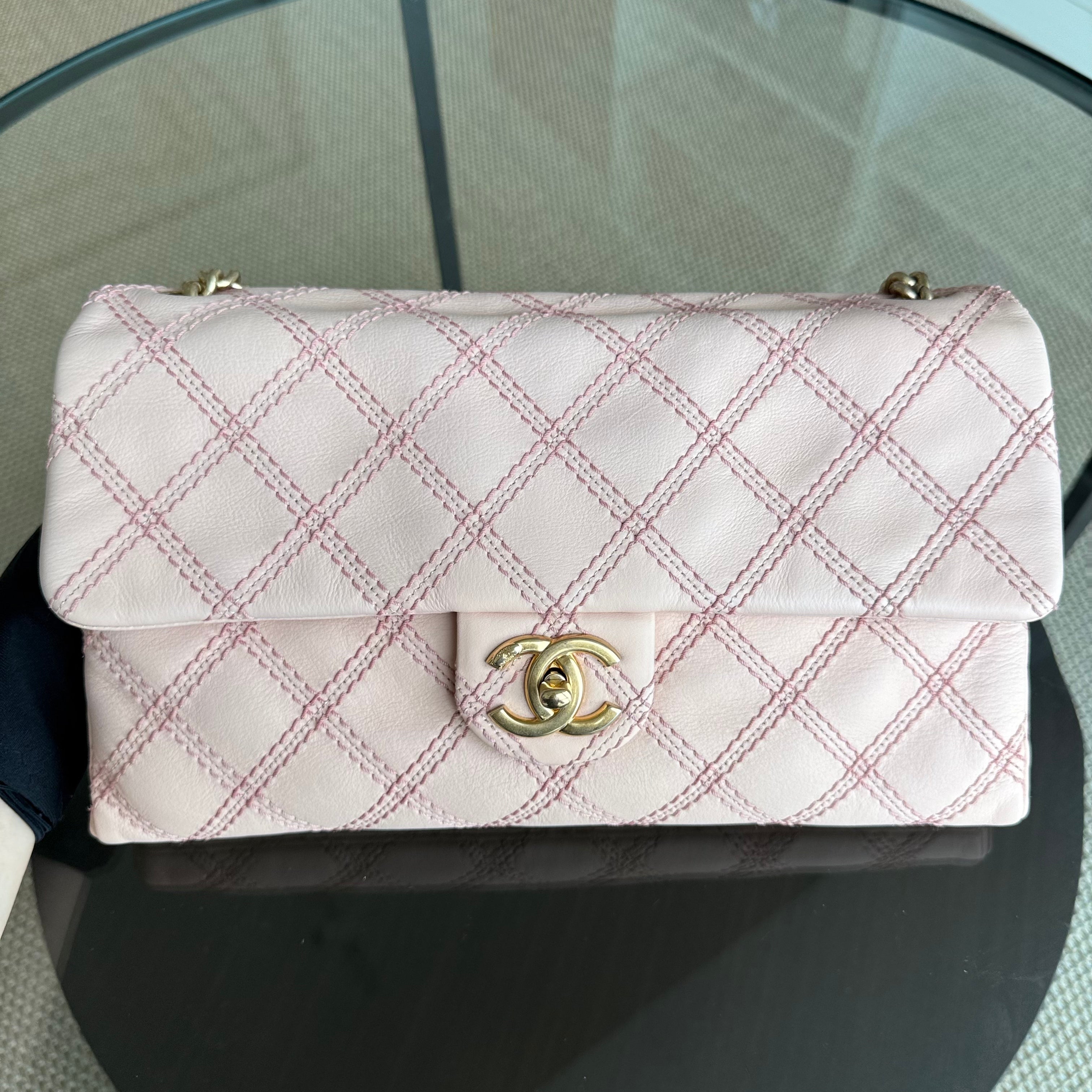 Chanel Seasonal Flap Medium - Triple Stitched Calfskin Quilted Pink Gold Hardware Series 19