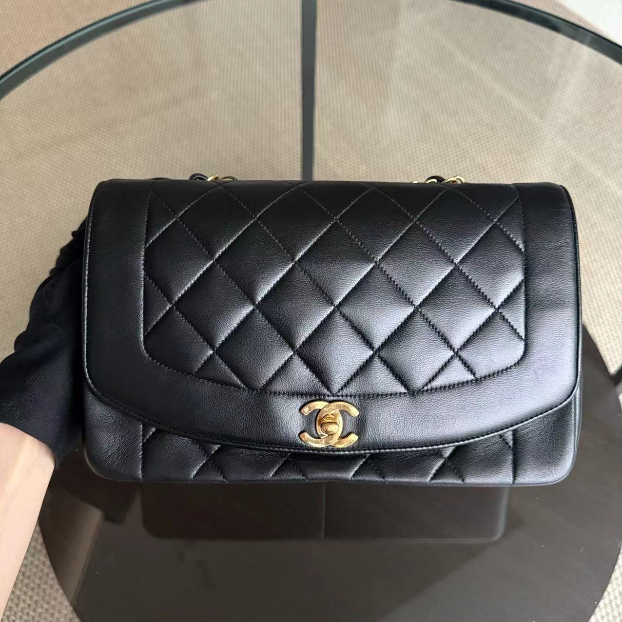 Chanel Vintage Diana Medium - 25CM Quilted Lambskin Black 24K Gold Hardware Series 2