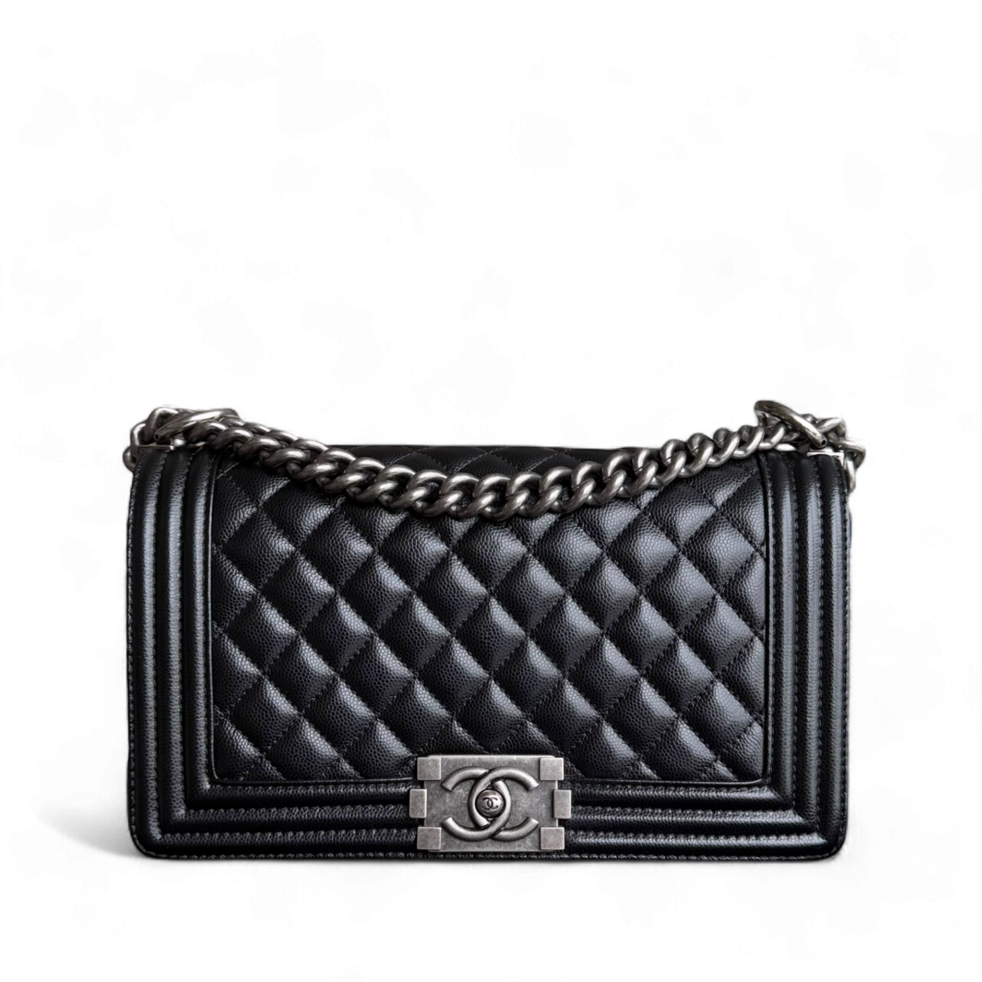 Chanel Boy Medium - Caivar 25CM Quilted Black Ruthenium Silver Hardware Series 28