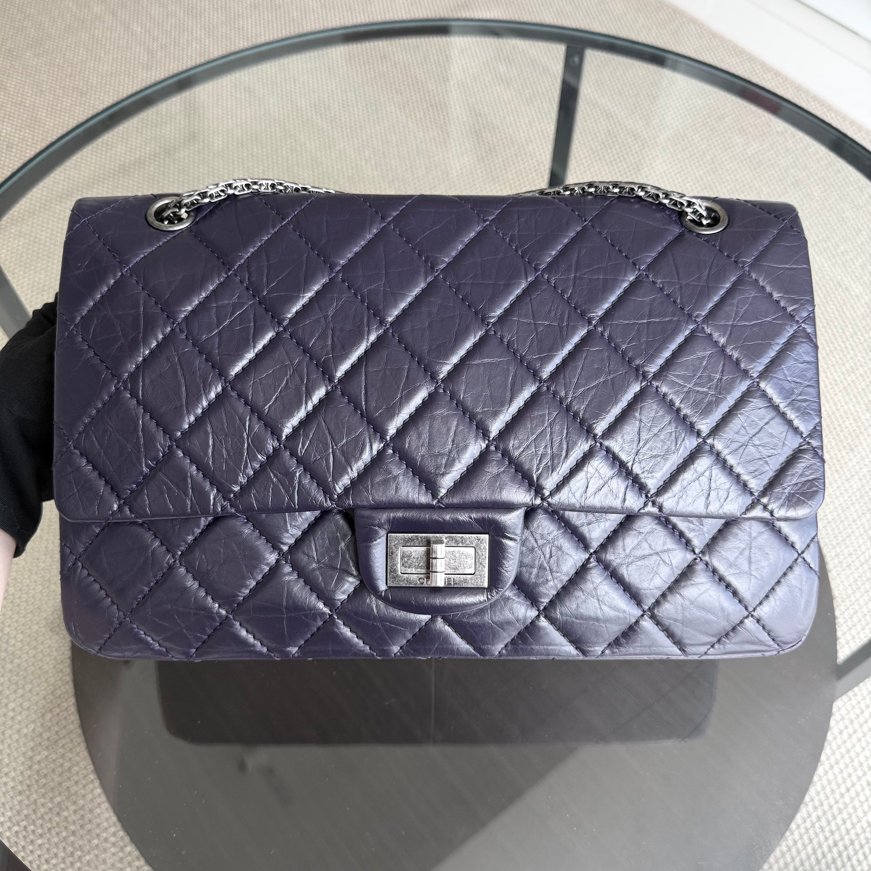 Chanel 2.55 Reissue 227 Large - Cannage Aged Calfskin Dark Violet Purple Ruthenium Silver Hardware Series 17