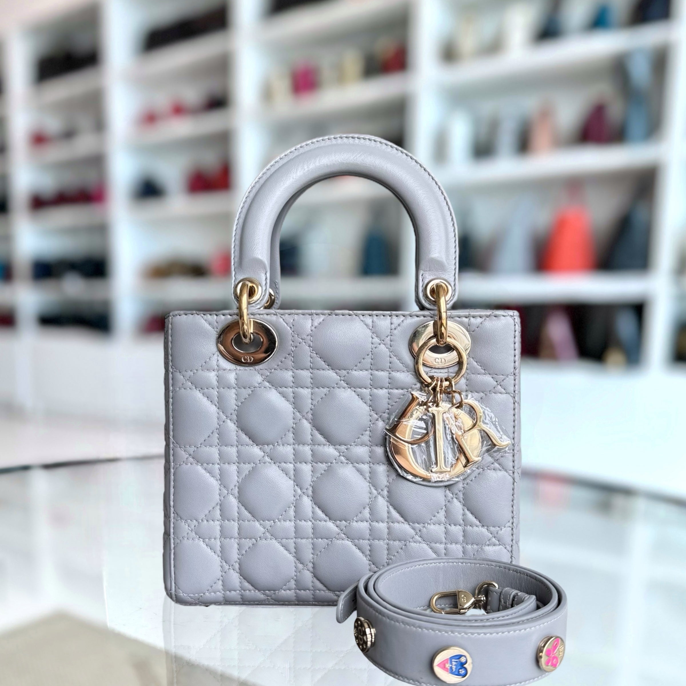 Dior Lady Small - Cannage Lambskin Light Grey Gray Gold Hardware