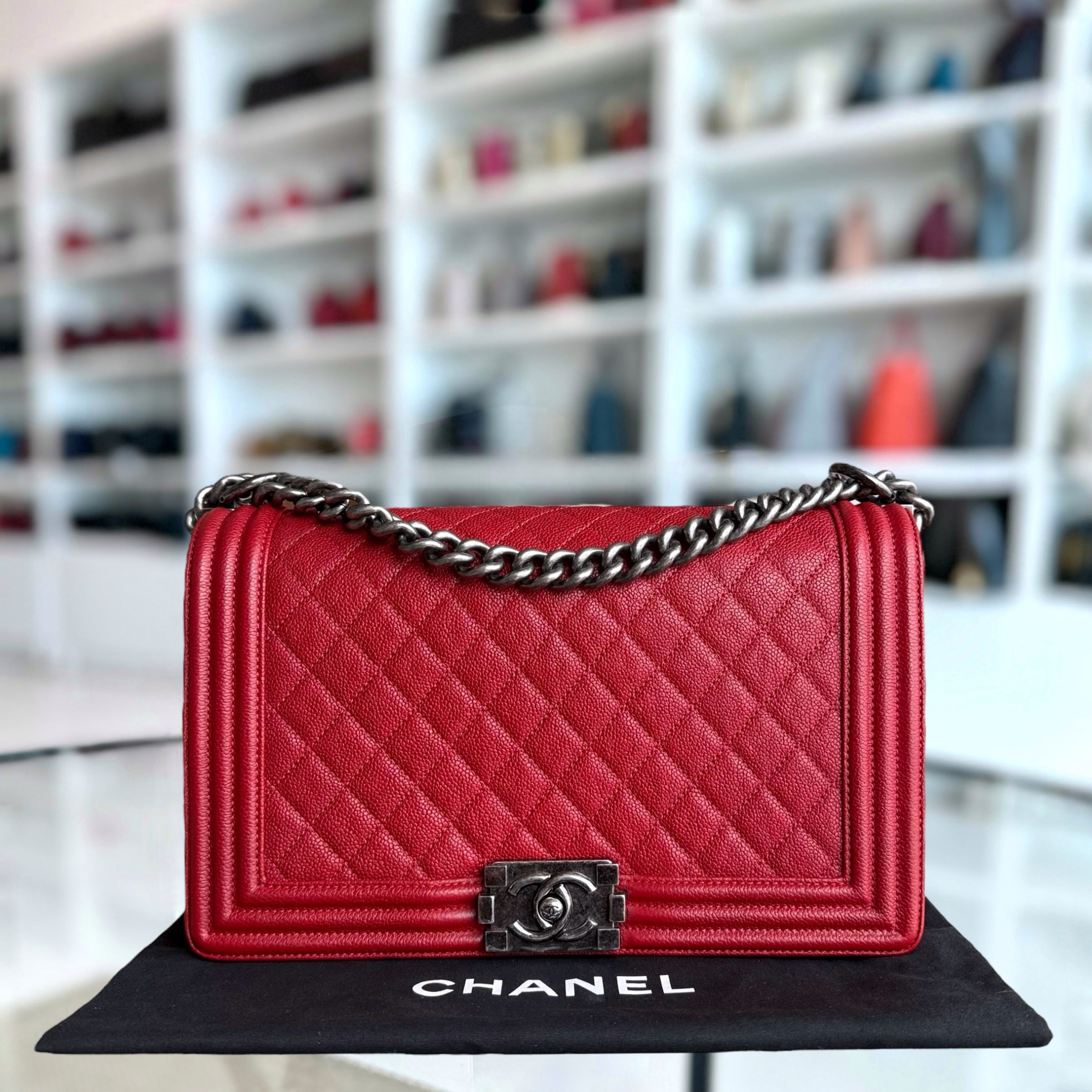 Chanel Boy Medium - Caviar 28CM Quilted Dark Red Ruthenium Silver Hardware Series 23