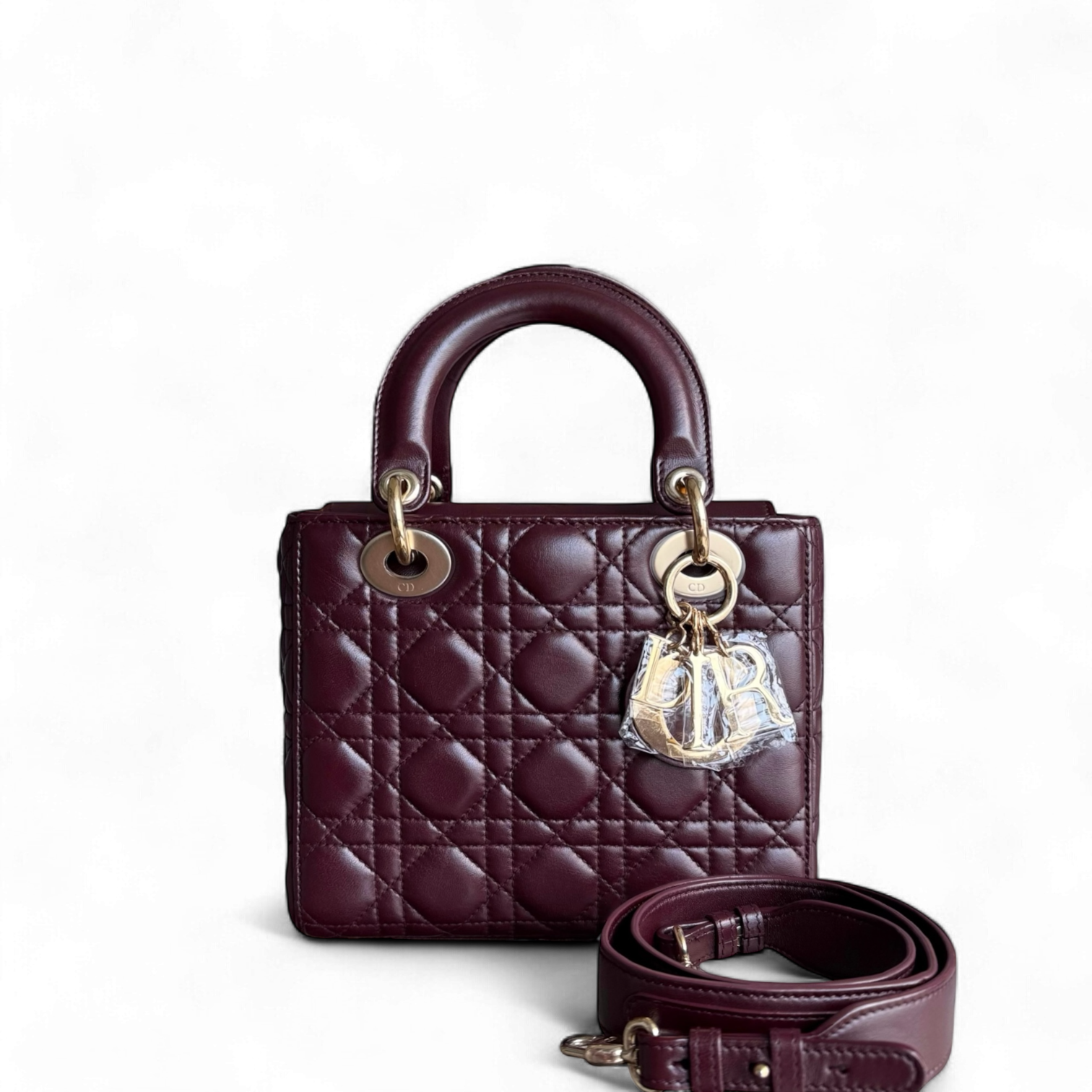 Dior Lady Small Flap - Cannage Lambskin Burgundy Red Gold Hardware