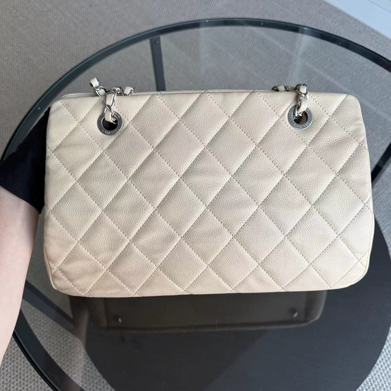 Chanel Petite Timeless Tote - Caviar Quilted Seasonal Beige Silver Hardware Shoulder Bag Series 15