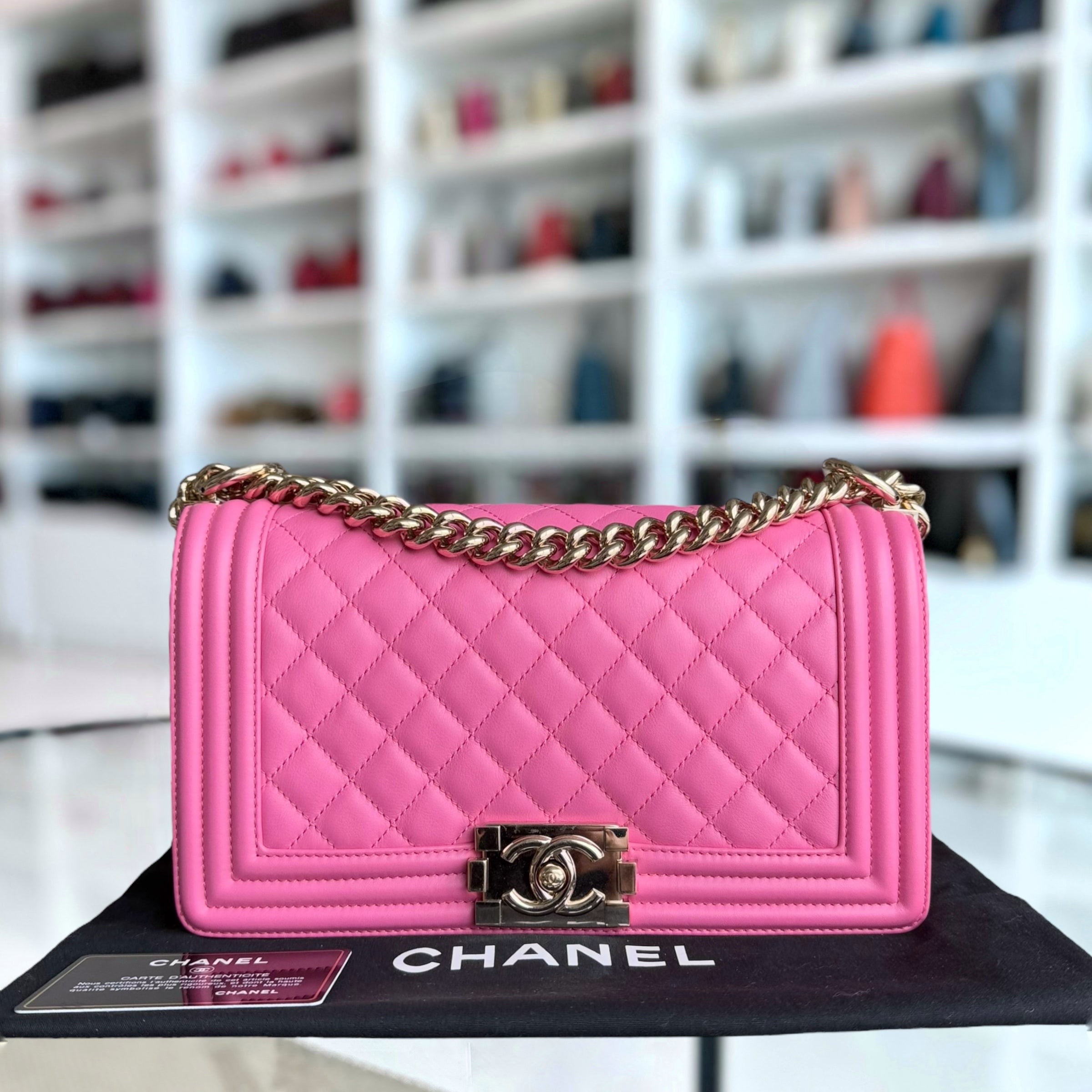 Chanel Boy Medium - 25CM Quilted Lambskin Pink Gold Hardware Series 26