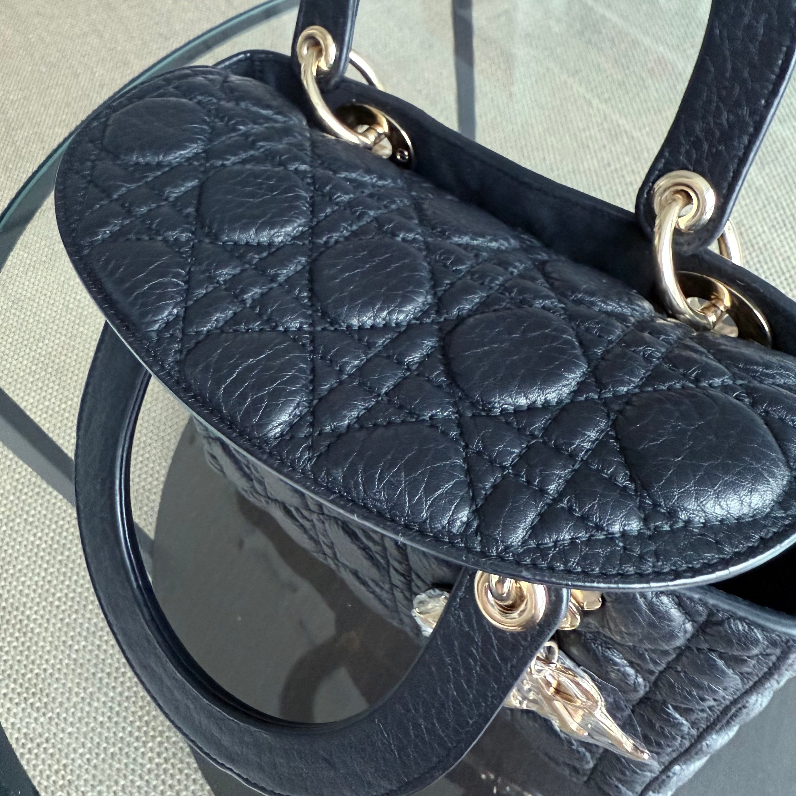 *No Strap* Dior Lady Flap Medium - Grained Calfskin Cannage Flap Open Black Gold Hardware