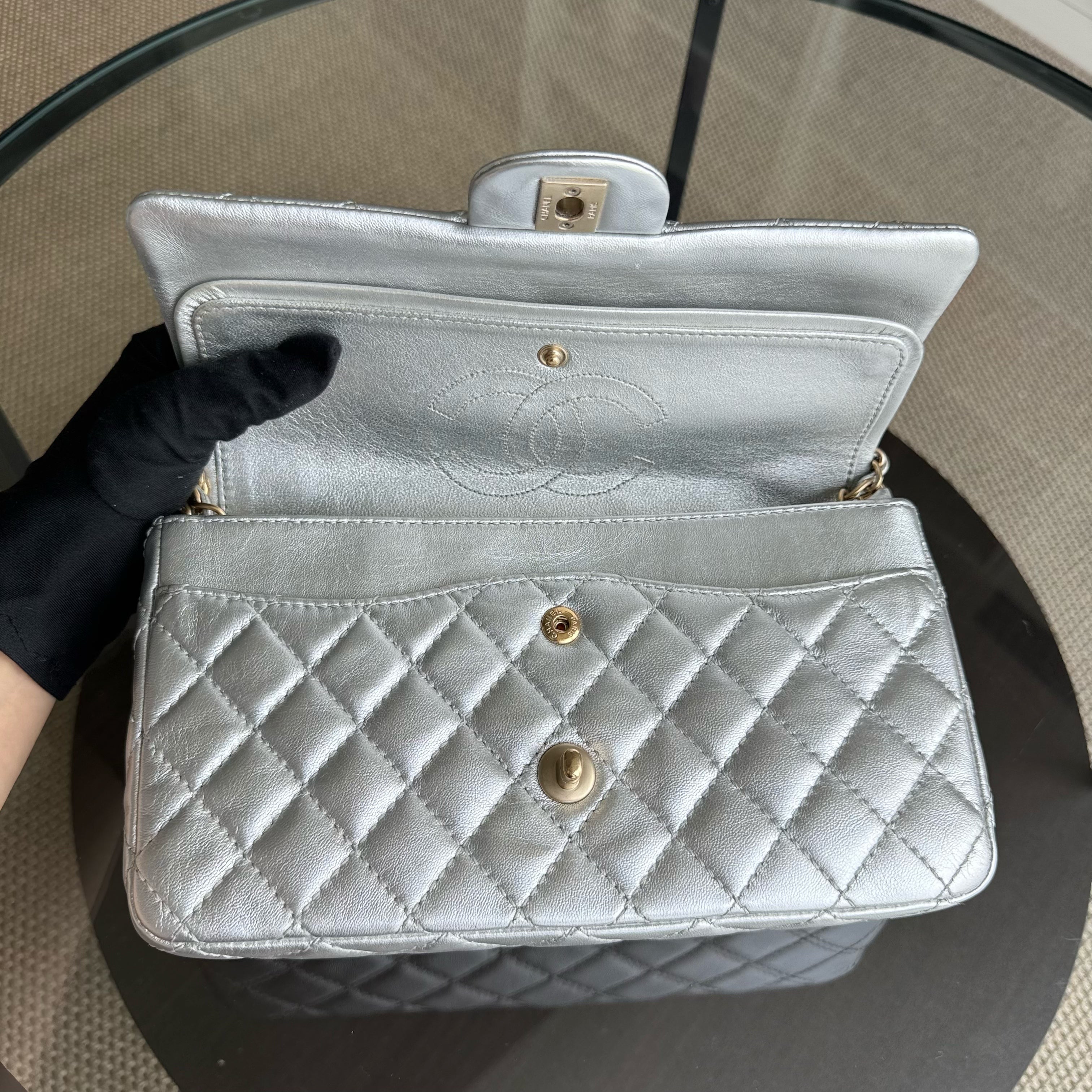 Chanel Classic Flap Medium - 25CM Quilted Lambskin Metallic Silver Gold Hardware Series 12 (Copy)