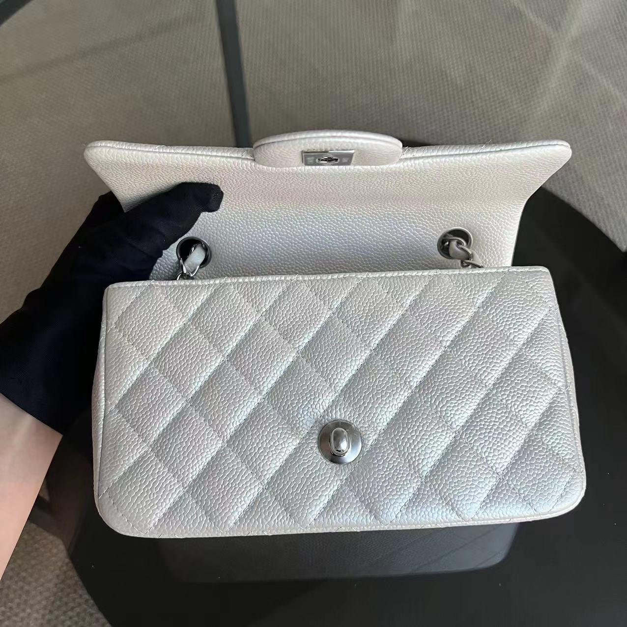 *Unused* Caviar Mini Rectangle Classic Flap Quilted Iridescent Pearl White Silver Hardware Series 20