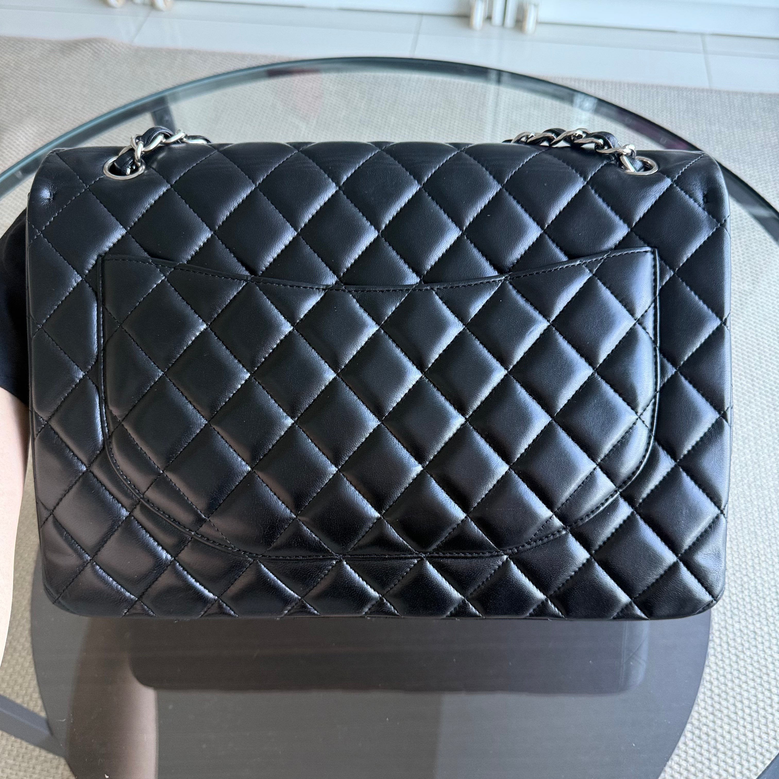 Chanel Classic Flap Maxi - 33CM Quilted Single Flap Lambskin Black Silver Hardware