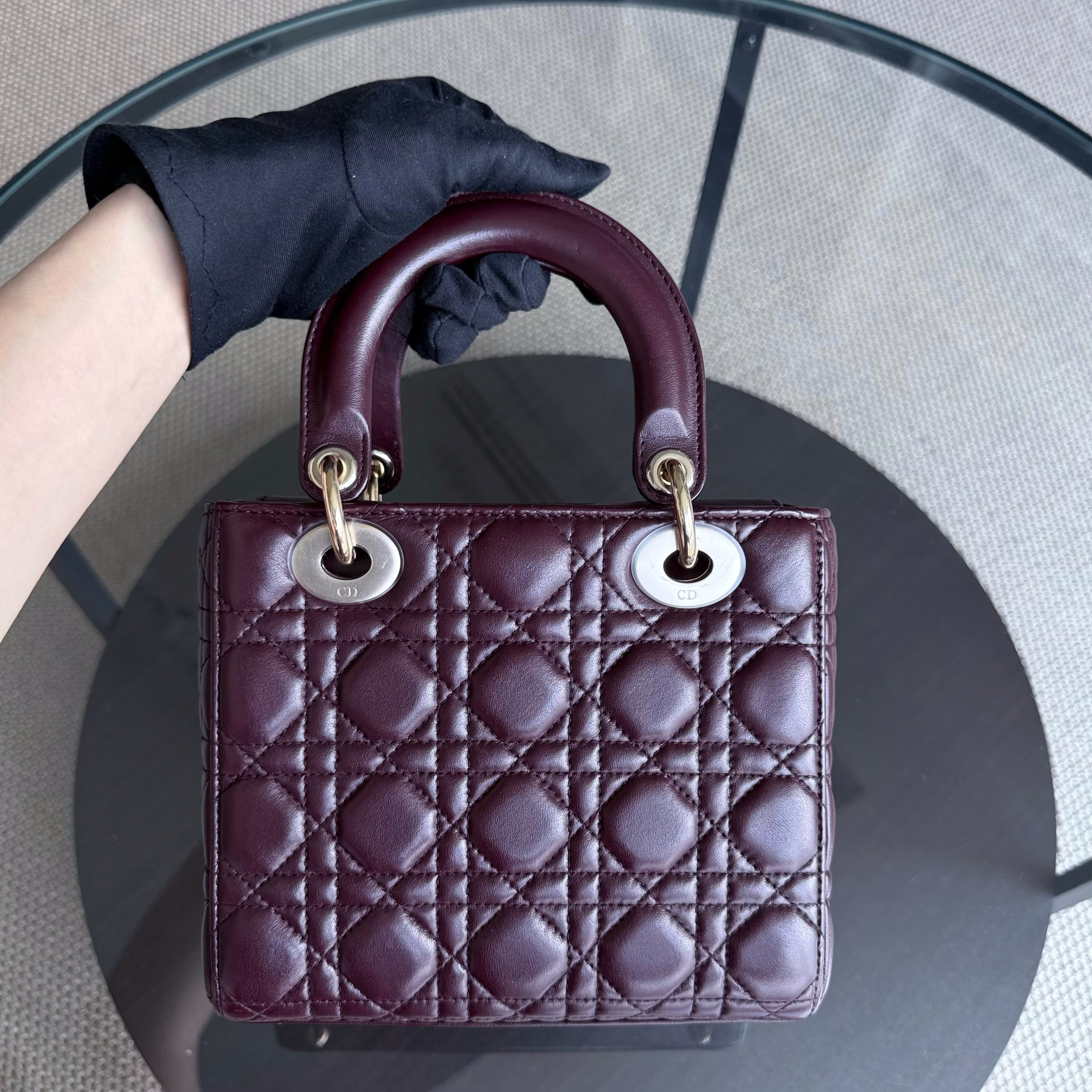 Dior Lady Small Flap - Cannage Lambskin Burgundy Red Gold Hardware