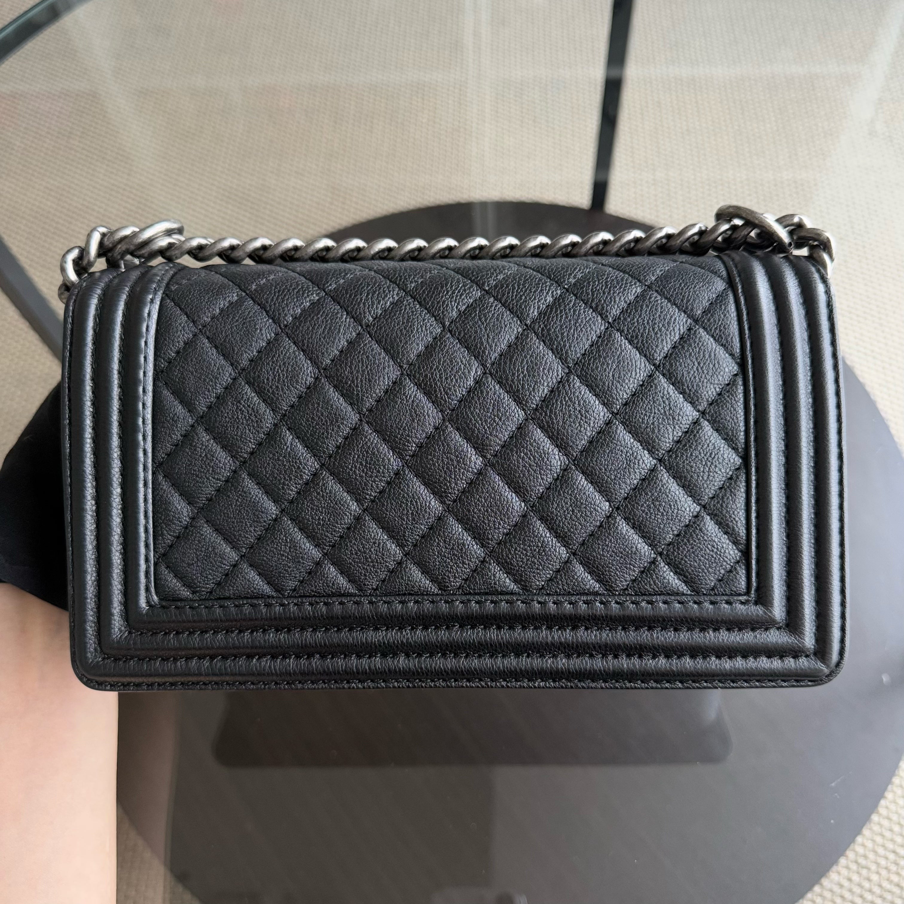 Chanel Boy Medium - 25CM Quilted Grained Calfskin Black Ruthenium Silver Hardware Series 18