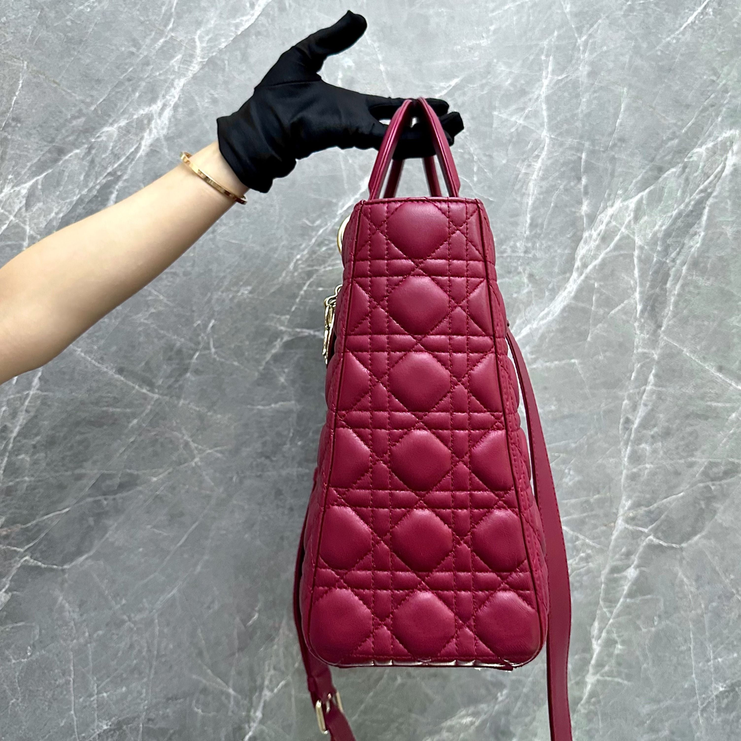 *Flap, Adjustable strap* Dior Lady Large Lambskin Red GHW - Luxury Evermore