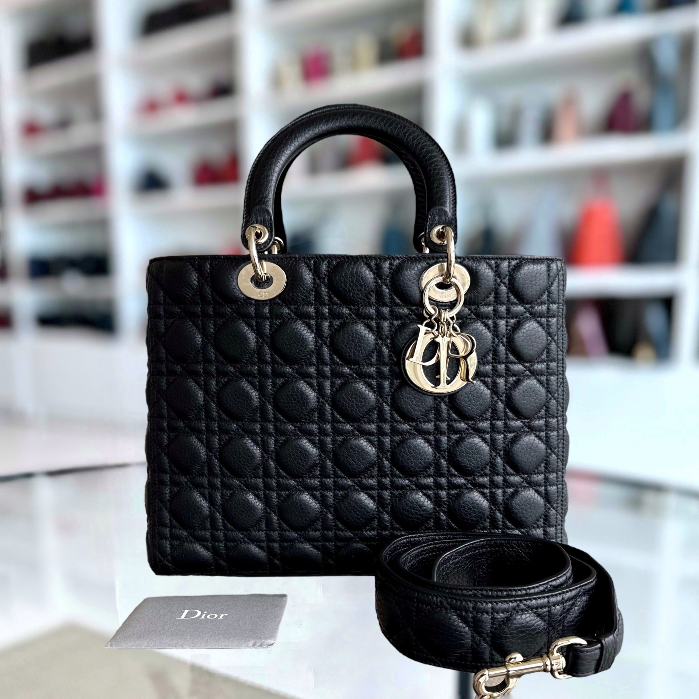 *Flap, Grained Calfskin* Dior Lady Large Flap Grained Calfskin Cannage Black GHW - Luxury Evermore