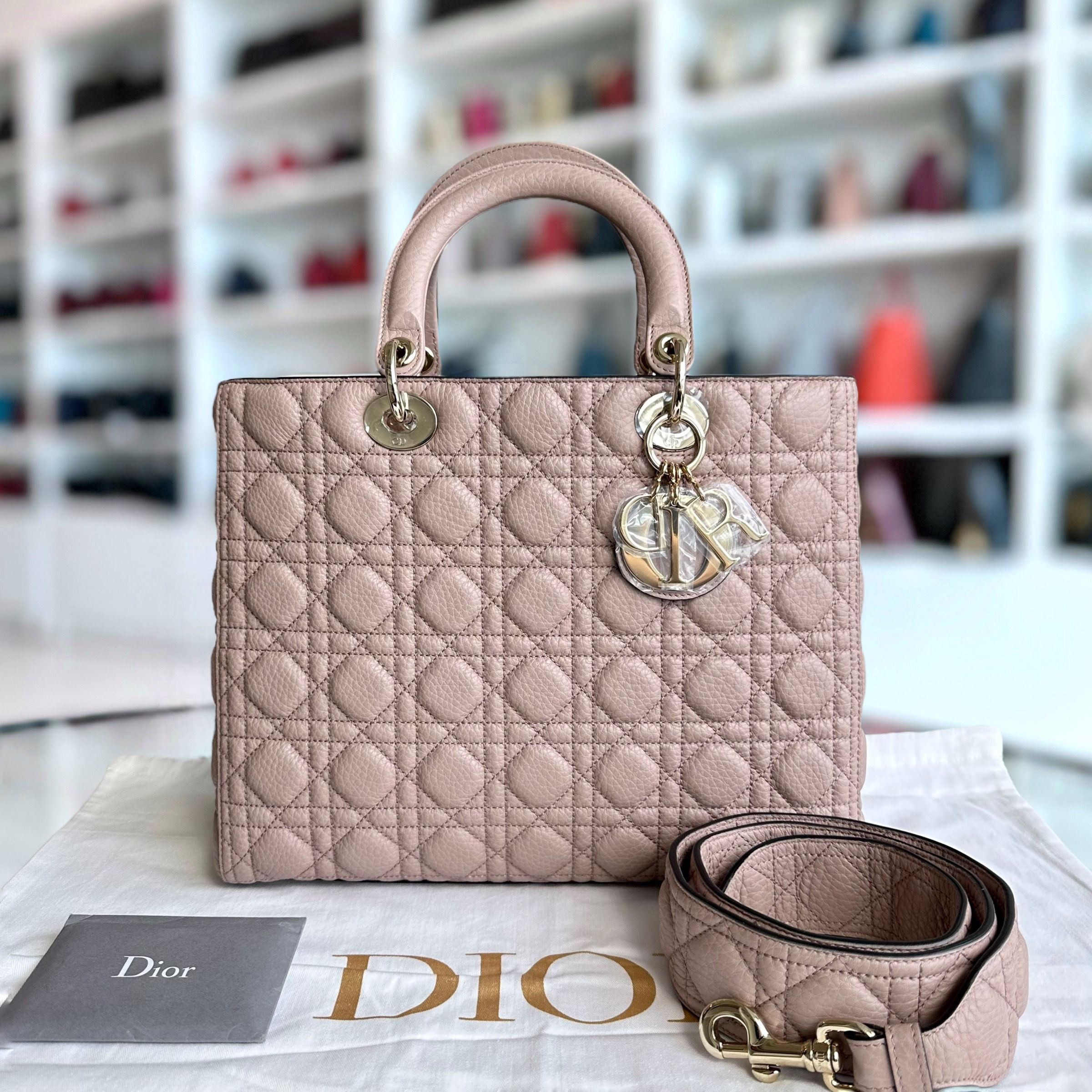 *Flap, Grained Calfskin* Dior Lady Large Grained Calfskin Nude Pink Blush LGHW - Luxury Evermore