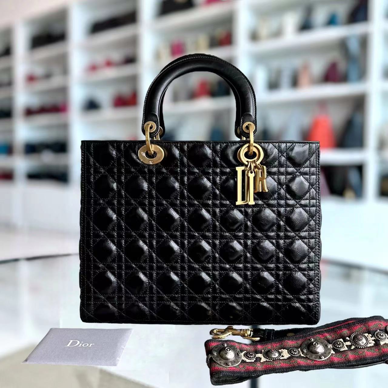 *Flap Version* Dior Lady Large Glazed Calfskin Black Golden Hardware With Strap - Luxury Evermore