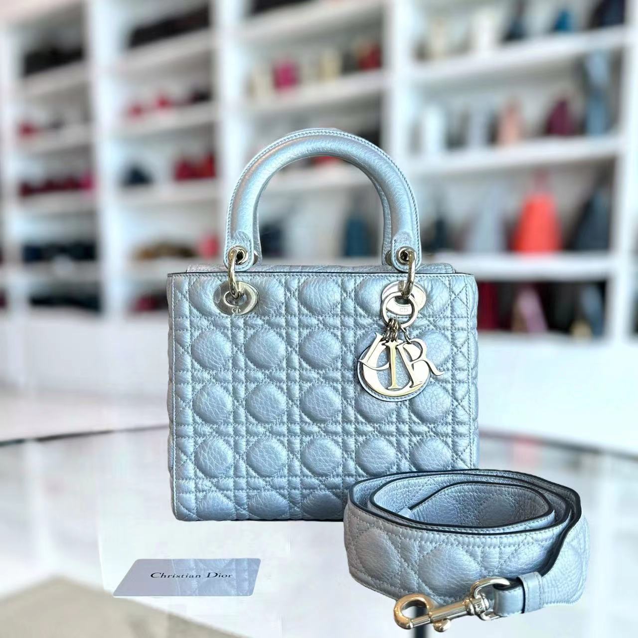 *Flap Version* Dior Lady Medium Cannage Metallic Aged Calfskin Silver Golden Hardware - Luxury Evermore