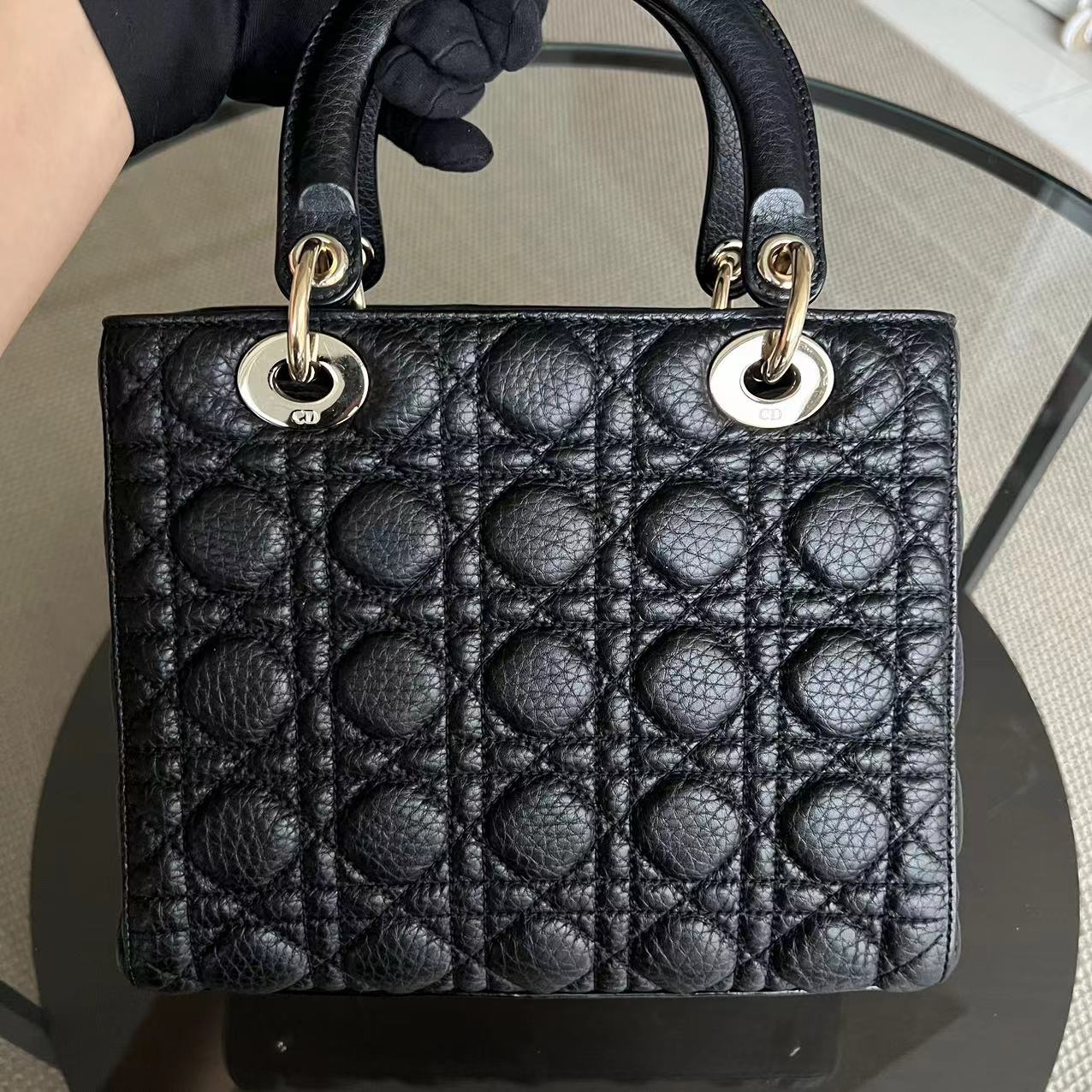 *Flap Version* Dior Lady Medium Flap Cannage Grained Calfskin Black GHW - Luxury Evermore