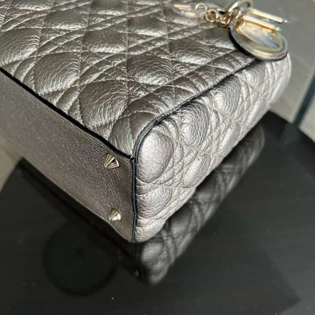 *Flap version* Dior Lady Medium Grained Iridescent Calfskin Gold GHW - Luxury Evermore