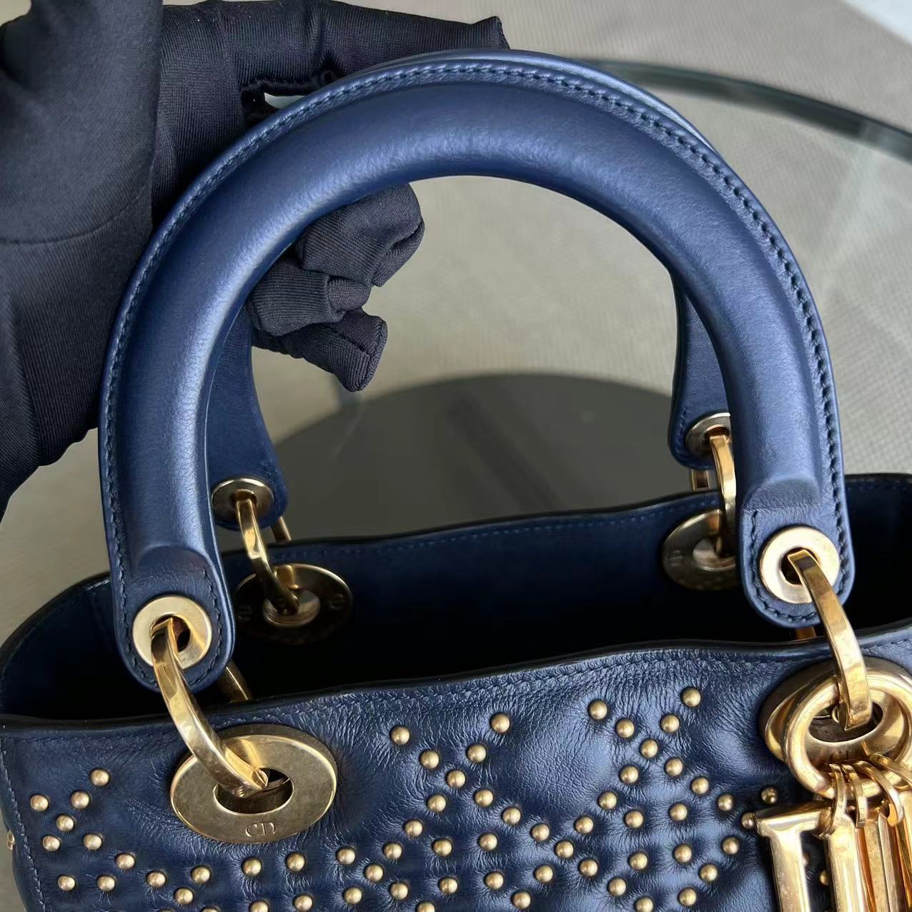 *Flap Version* Dior Lady Medium Studded Calfskin Dark Blue Golden Hardware - Luxury Evermore