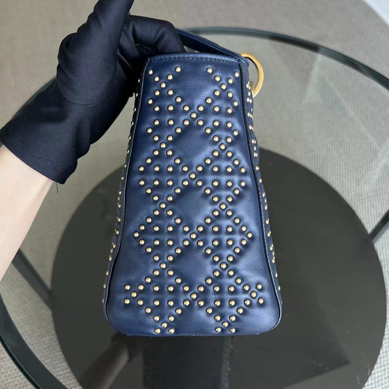 *Flap Version* Dior Lady Medium Studded Calfskin Dark Blue Golden Hardware - Luxury Evermore