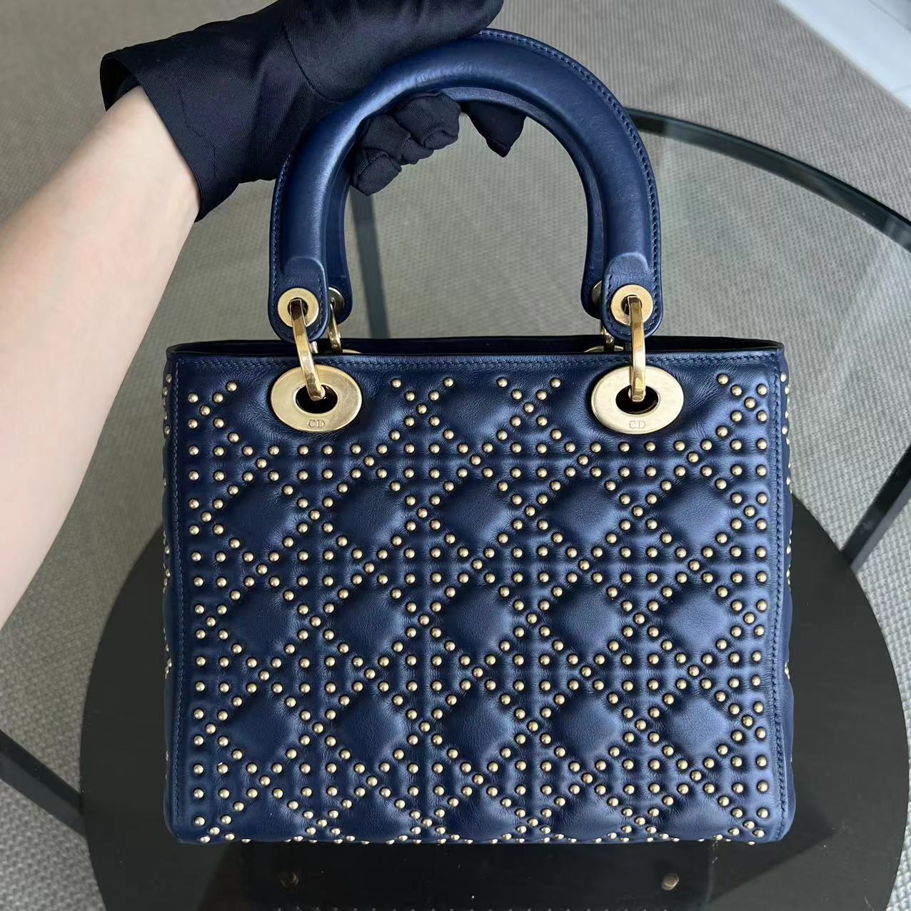 *Flap Version* Dior Lady Medium Studded Calfskin Dark Blue Golden Hardware - Luxury Evermore