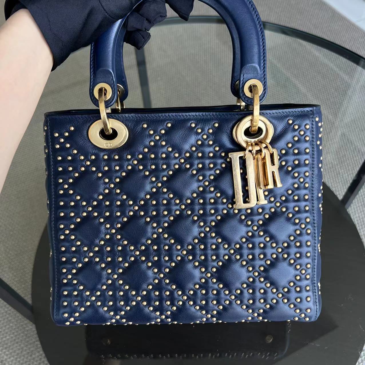 *Flap Version* Dior Lady Medium Studded Calfskin Dark Blue Golden Hardware - Luxury Evermore