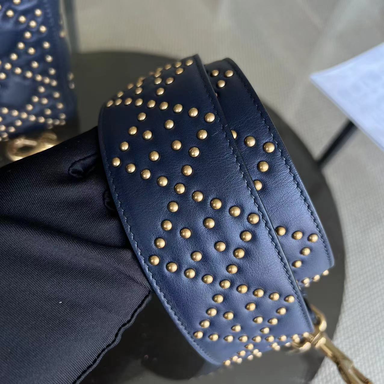 *Flap Version* Dior Lady Medium Studded Calfskin Dark Blue Golden Hardware - Luxury Evermore