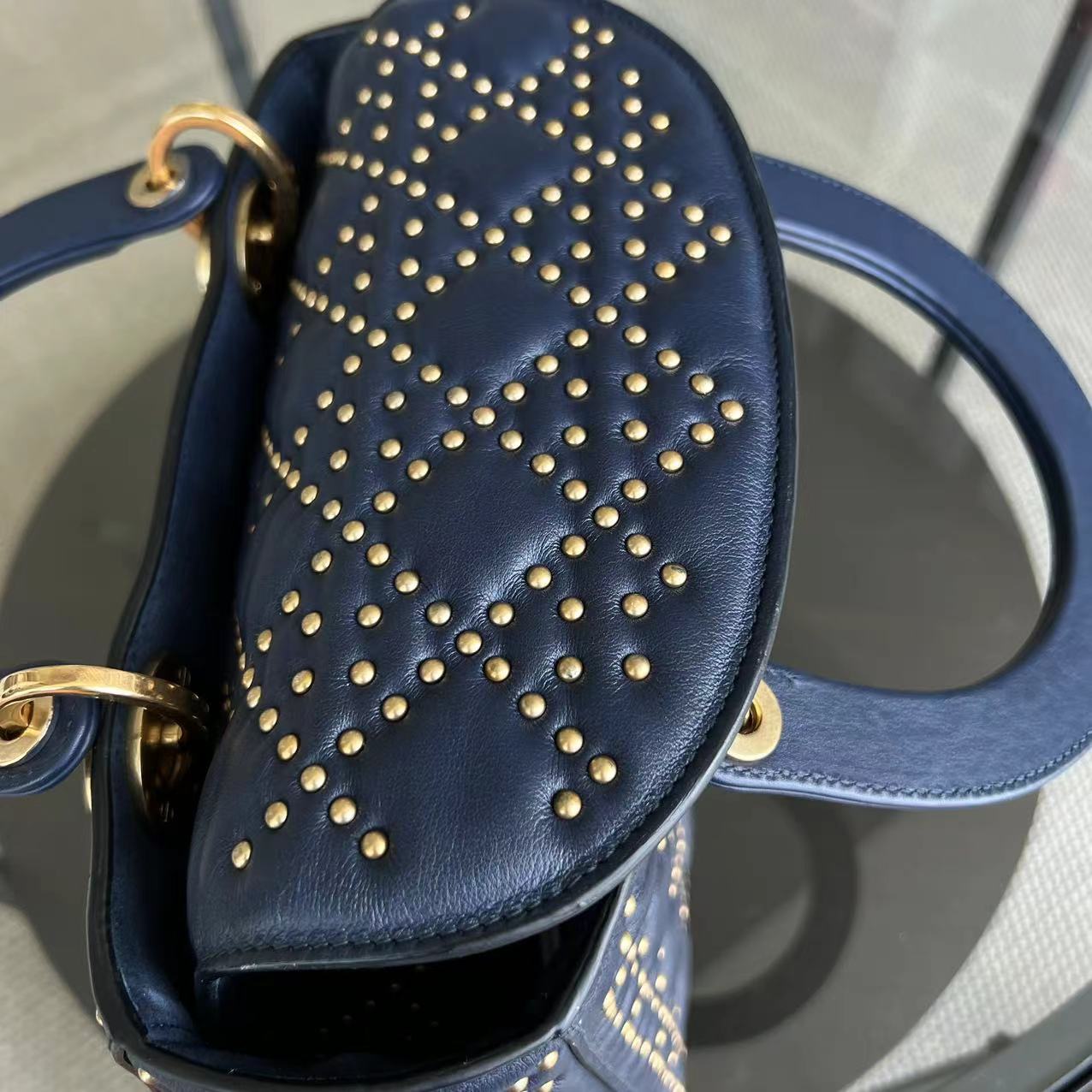 *Flap Version* Dior Lady Medium Studded Calfskin Dark Blue Golden Hardware - Luxury Evermore