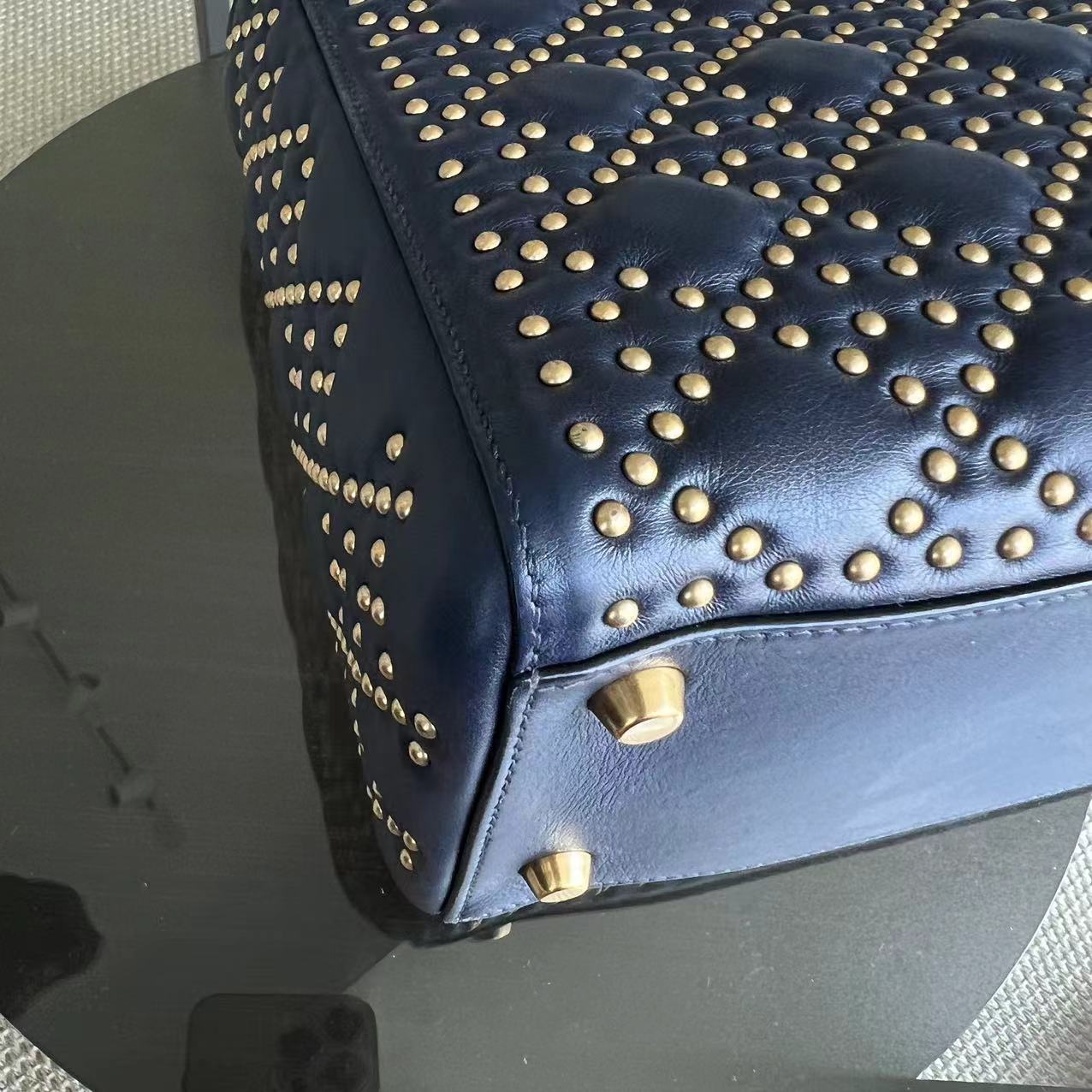 *Flap Version* Dior Lady Medium Studded Calfskin Dark Blue Golden Hardware - Luxury Evermore