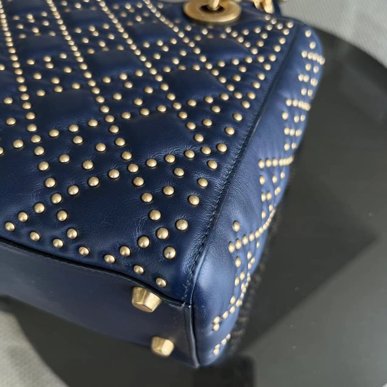 *Flap Version* Dior Lady Medium Studded Calfskin Dark Blue Golden Hardware - Luxury Evermore