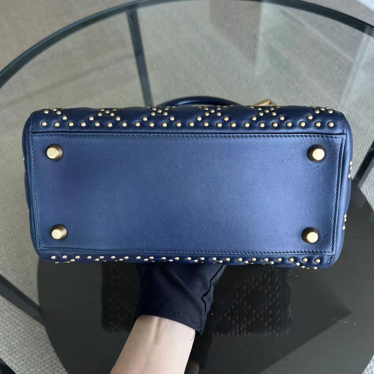 *Flap Version* Dior Lady Medium Studded Calfskin Dark Blue Golden Hardware - Luxury Evermore