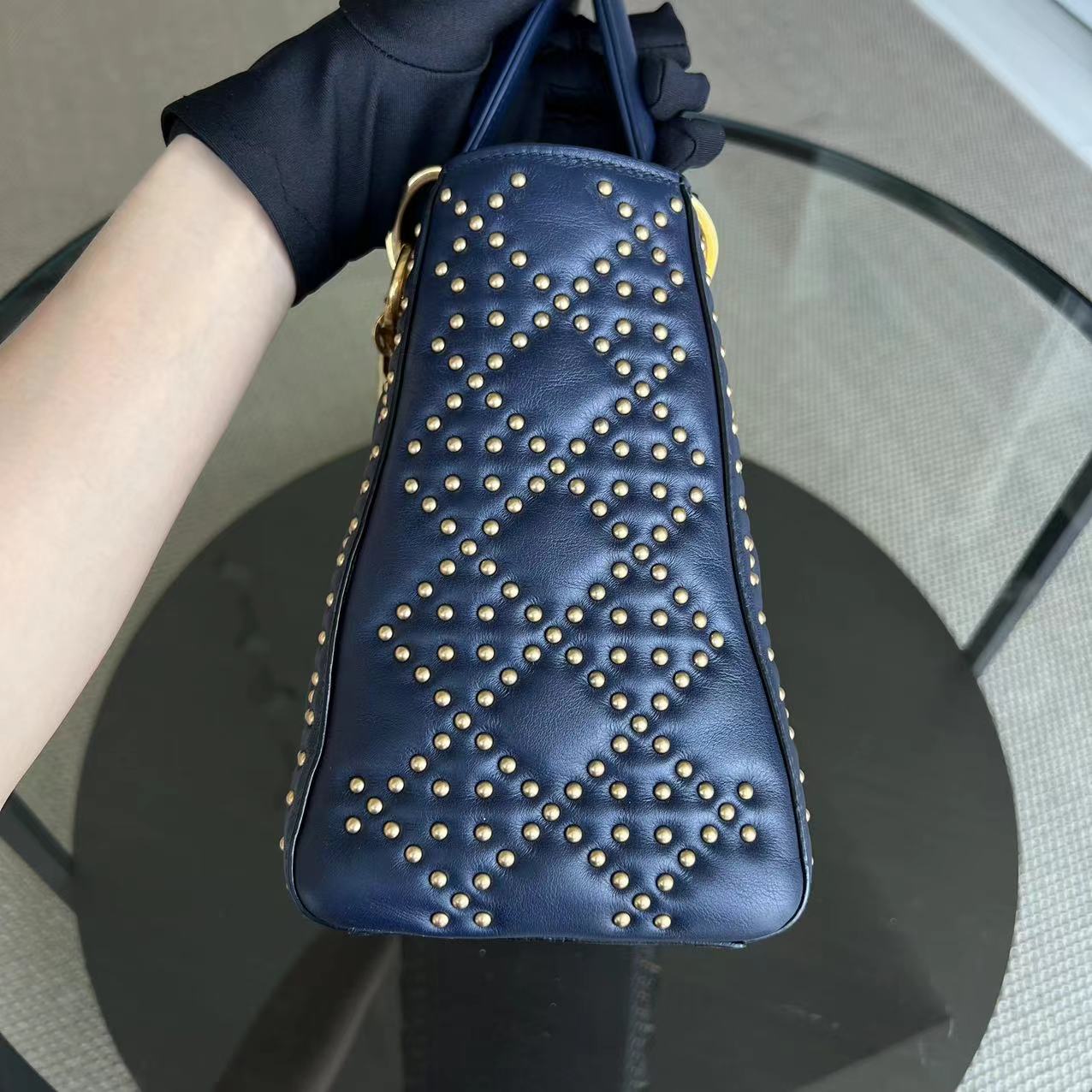 *Flap Version* Dior Lady Medium Studded Calfskin Dark Blue Golden Hardware - Luxury Evermore