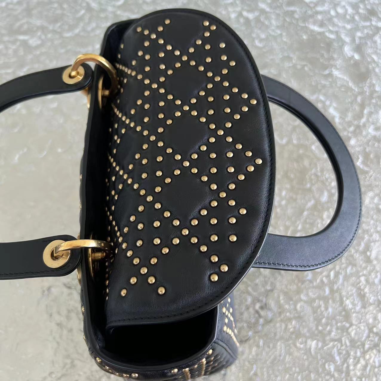 *Flap Version* Dior Lady Medium Studded Cannage Lambskin Black Golden Hardware - Luxury Evermore