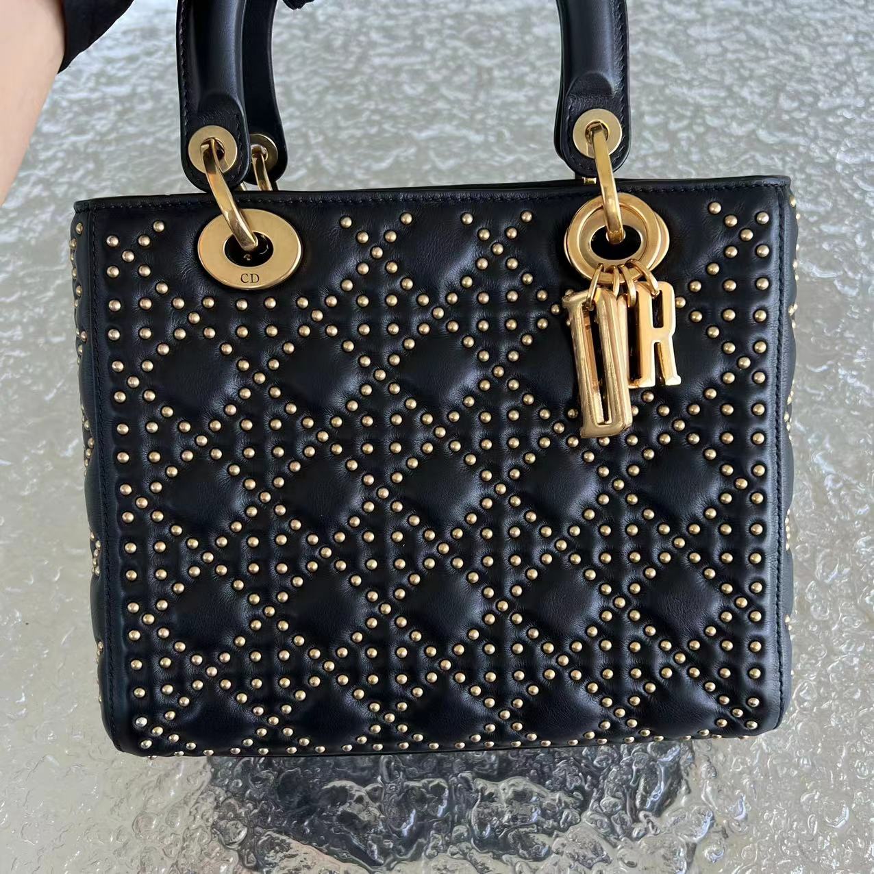 *Flap Version* Dior Lady Medium Studded Cannage Lambskin Black Golden Hardware - Luxury Evermore